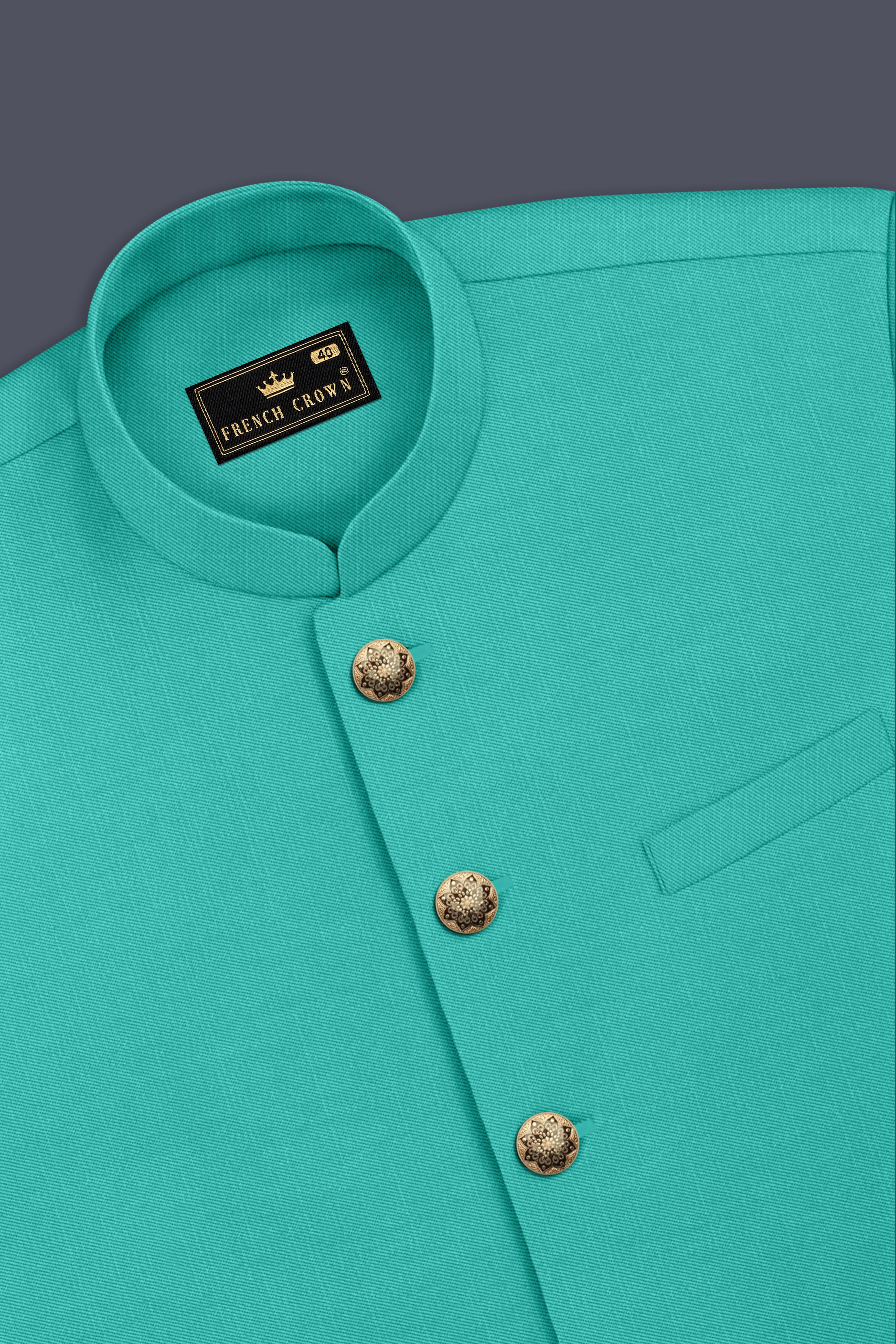 Aegir-Viking Blue Wool Rich Cross Placket Bandhgala Slight Stretch Suit