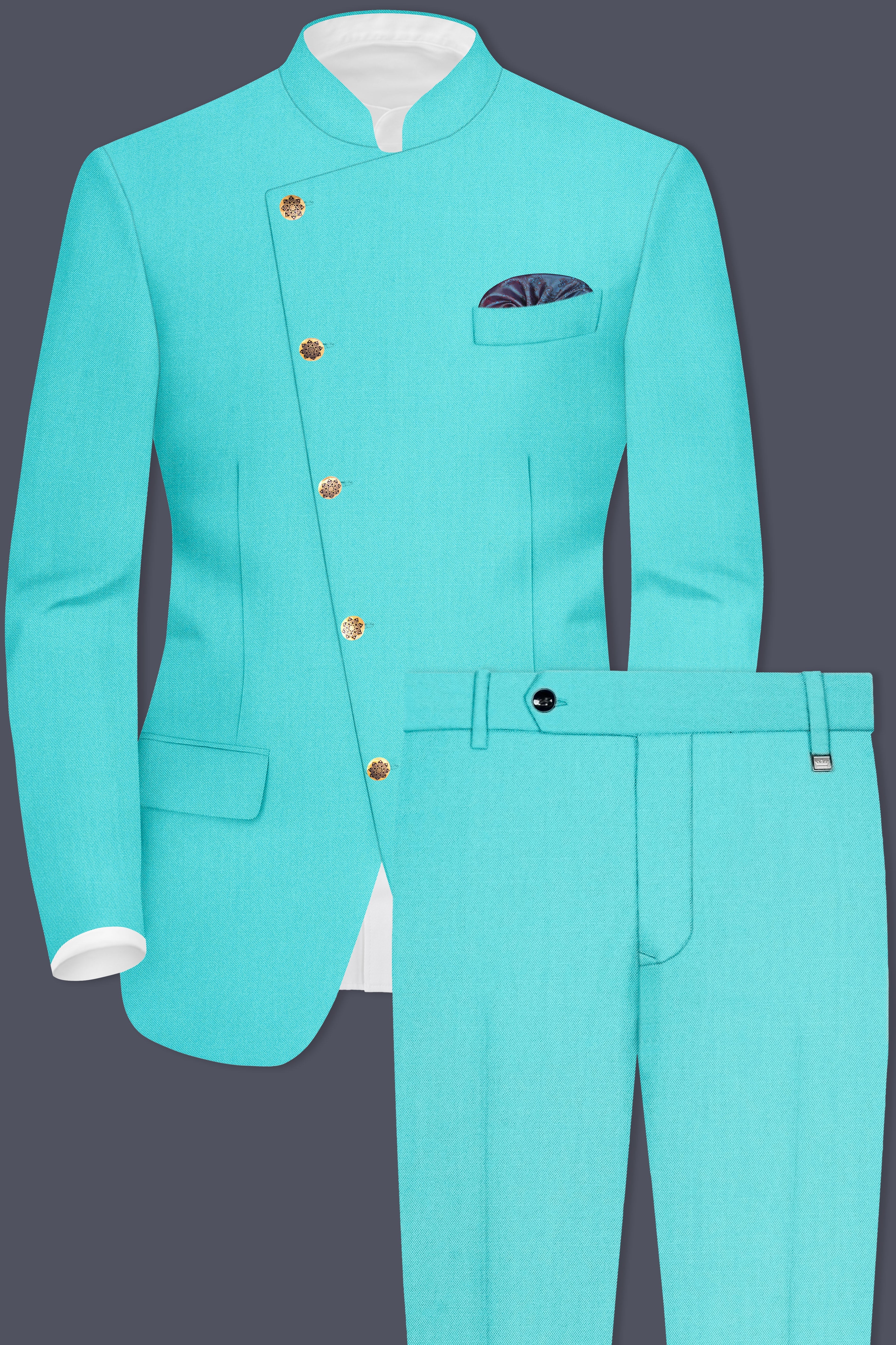 Aegir-Viking Blue Wool Rich Cross Placket Bandhgala Stretchable Traveler Suit