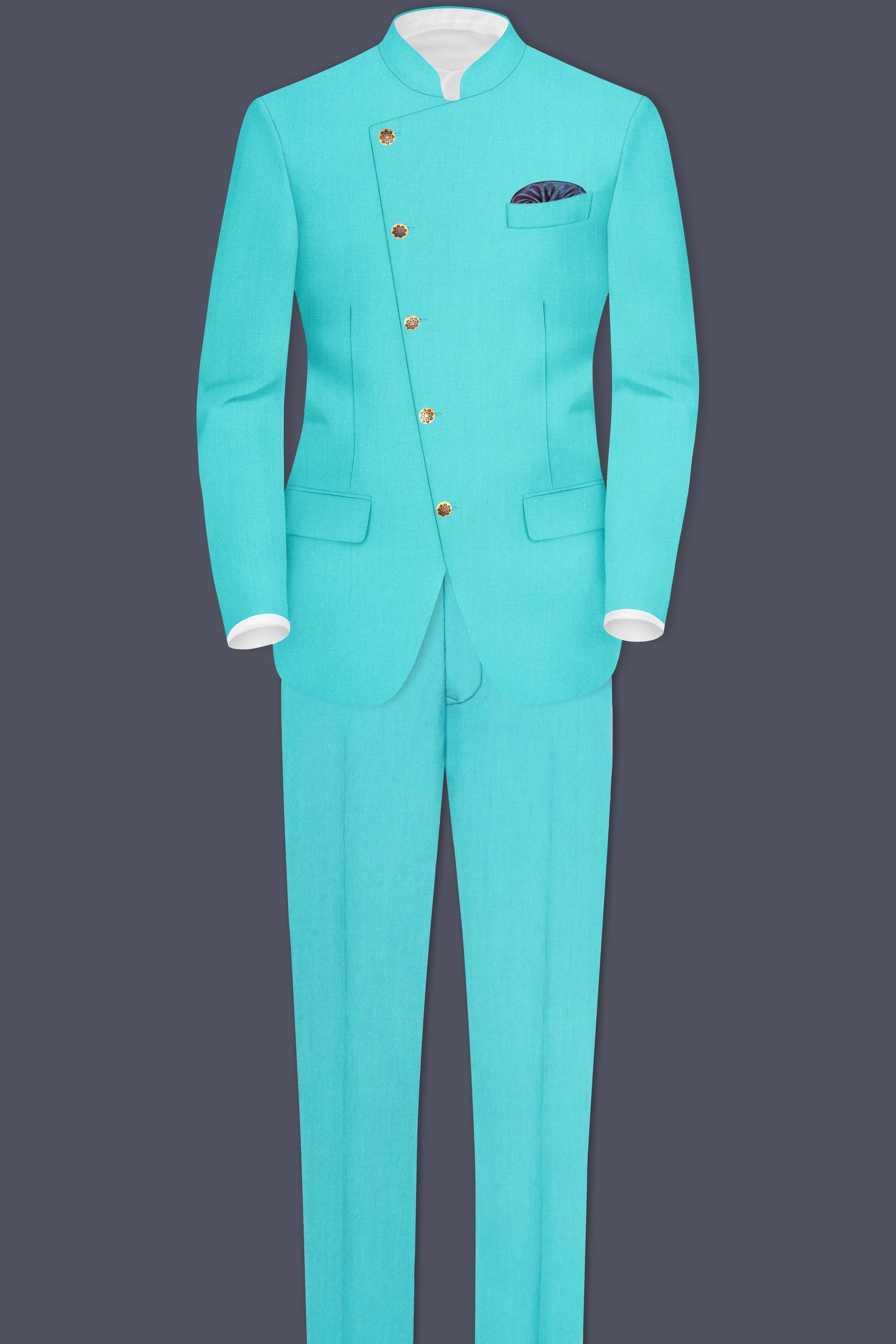 Aegir-Viking Blue Wool Rich Cross Placket Bandhgala Stretchable Traveler Suit
