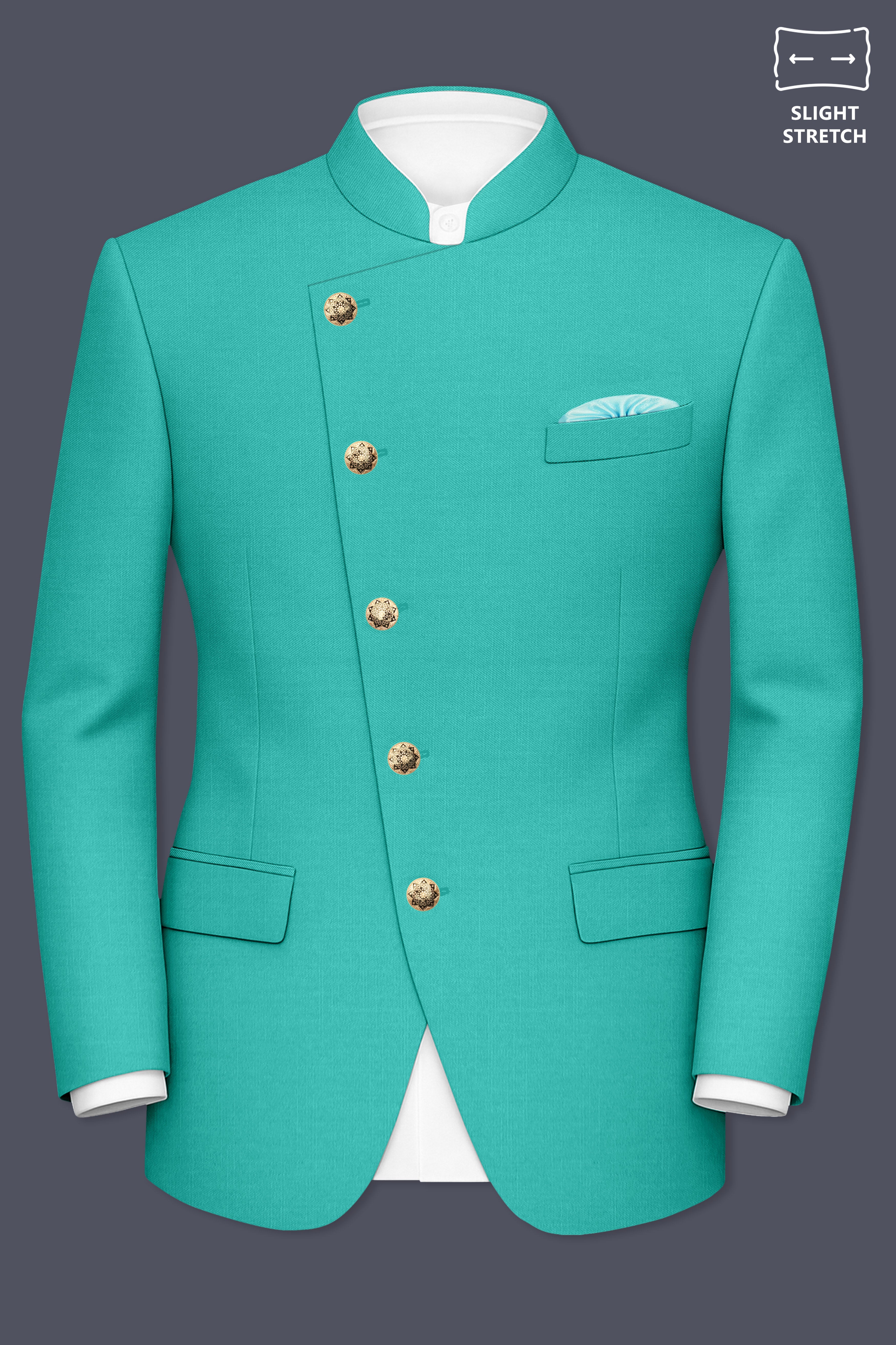 Aegir-Viking Blue Wool Rich Cross Placket Bandhgala Slight Stretch Suit