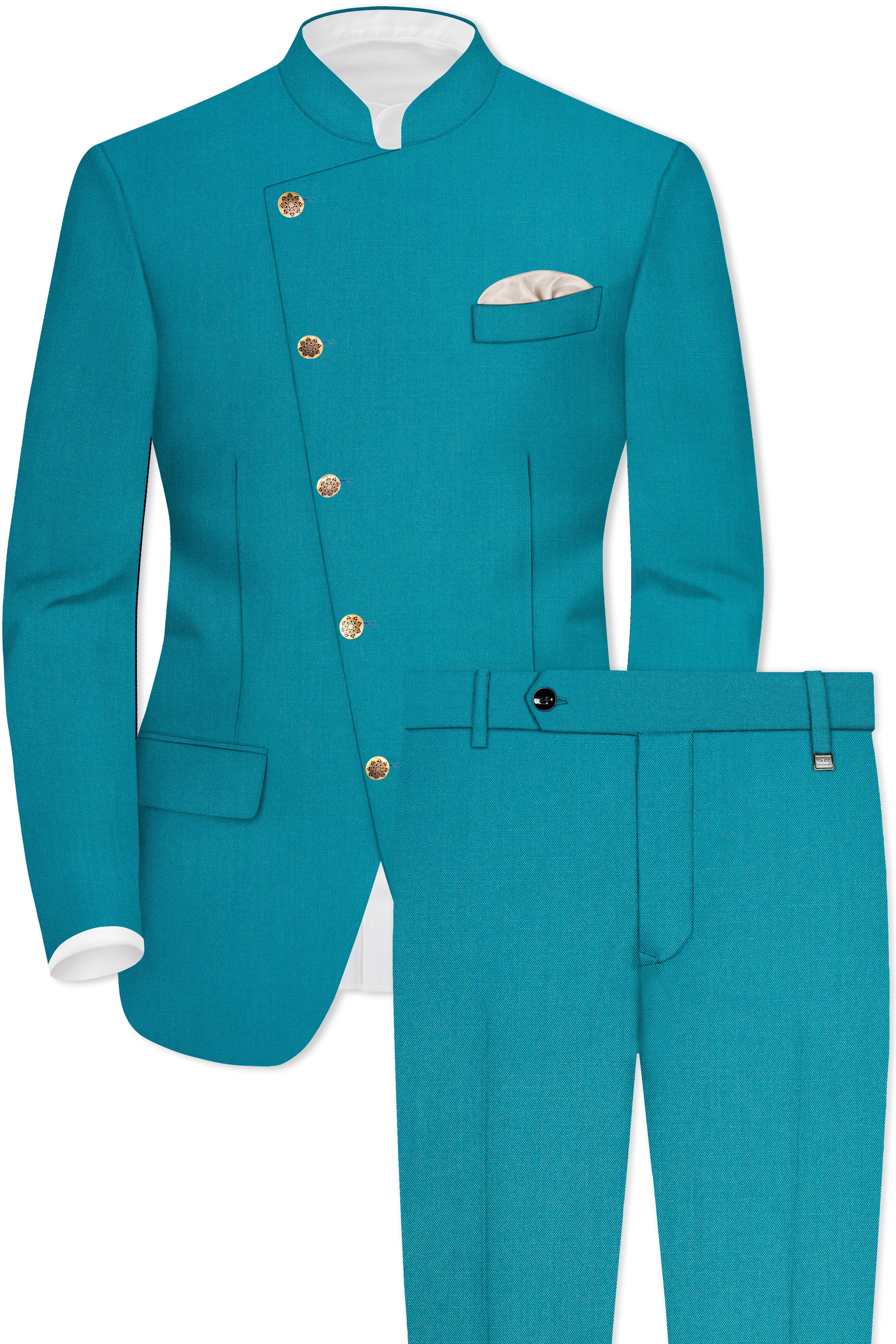 Zephir-Surfie Green Wool Rich Cross Placket Bandhgala Stretchable Traveler Suit