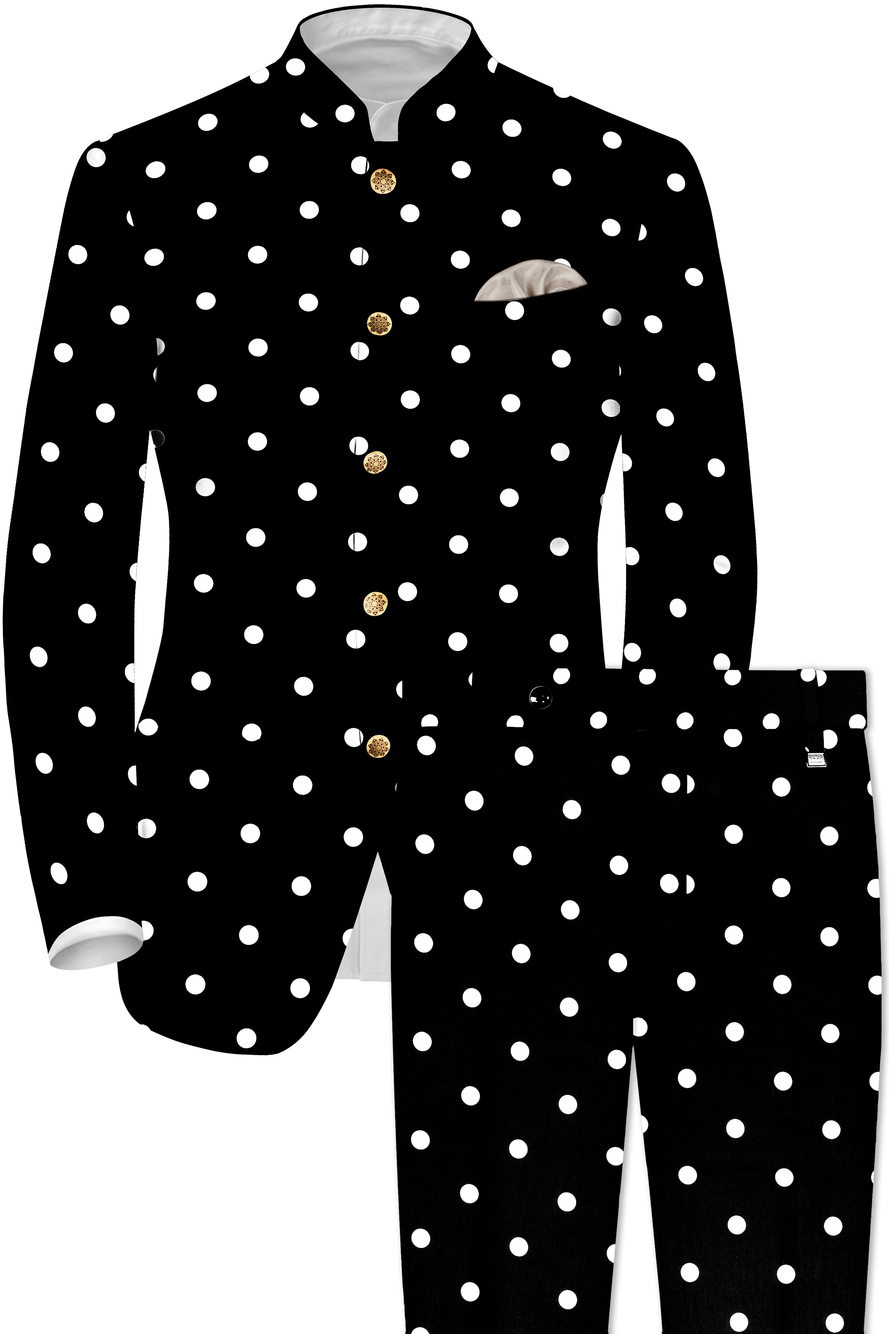 Noirdot-Jade Black Polka Dotted Premium Cotton Bandhgala Suit