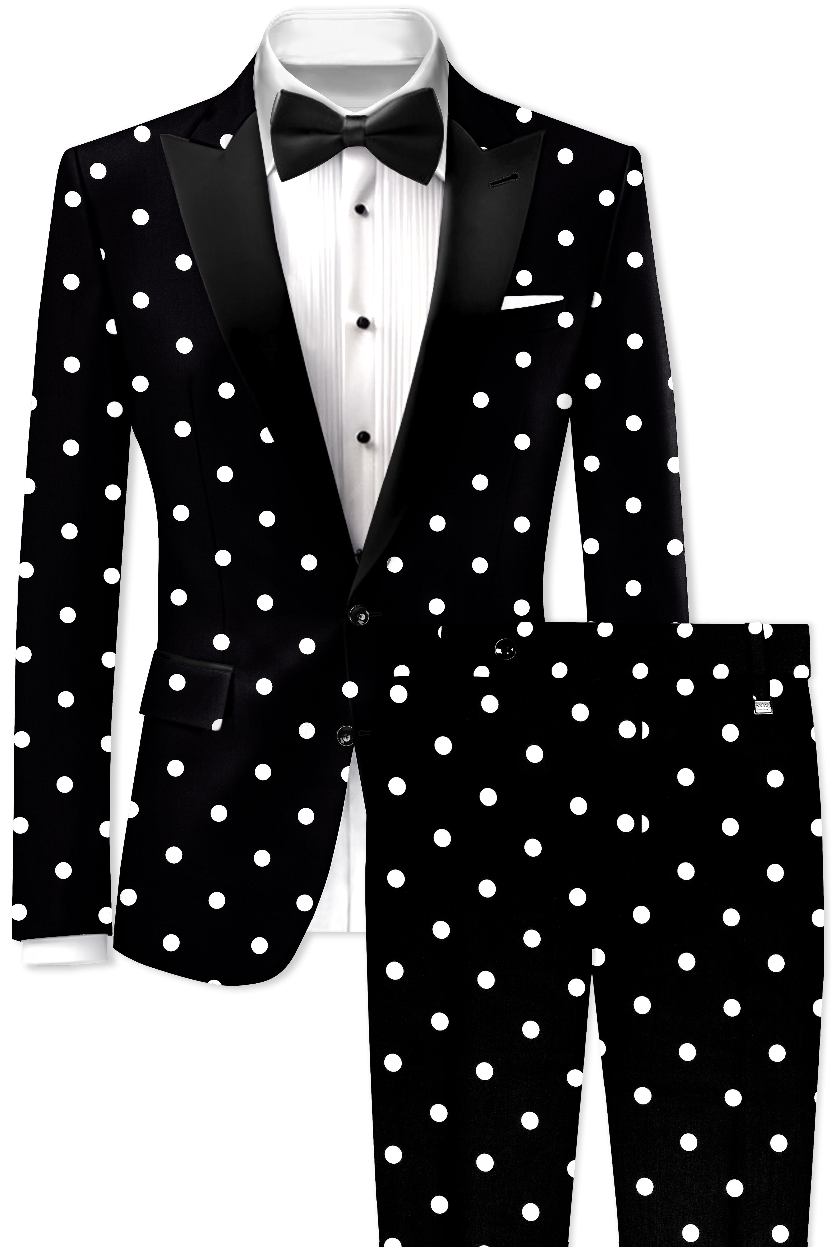 Noirdot-Jade Black Polka Dotted Printed Premium Cotton Peak Lapel Tuxedo Suit