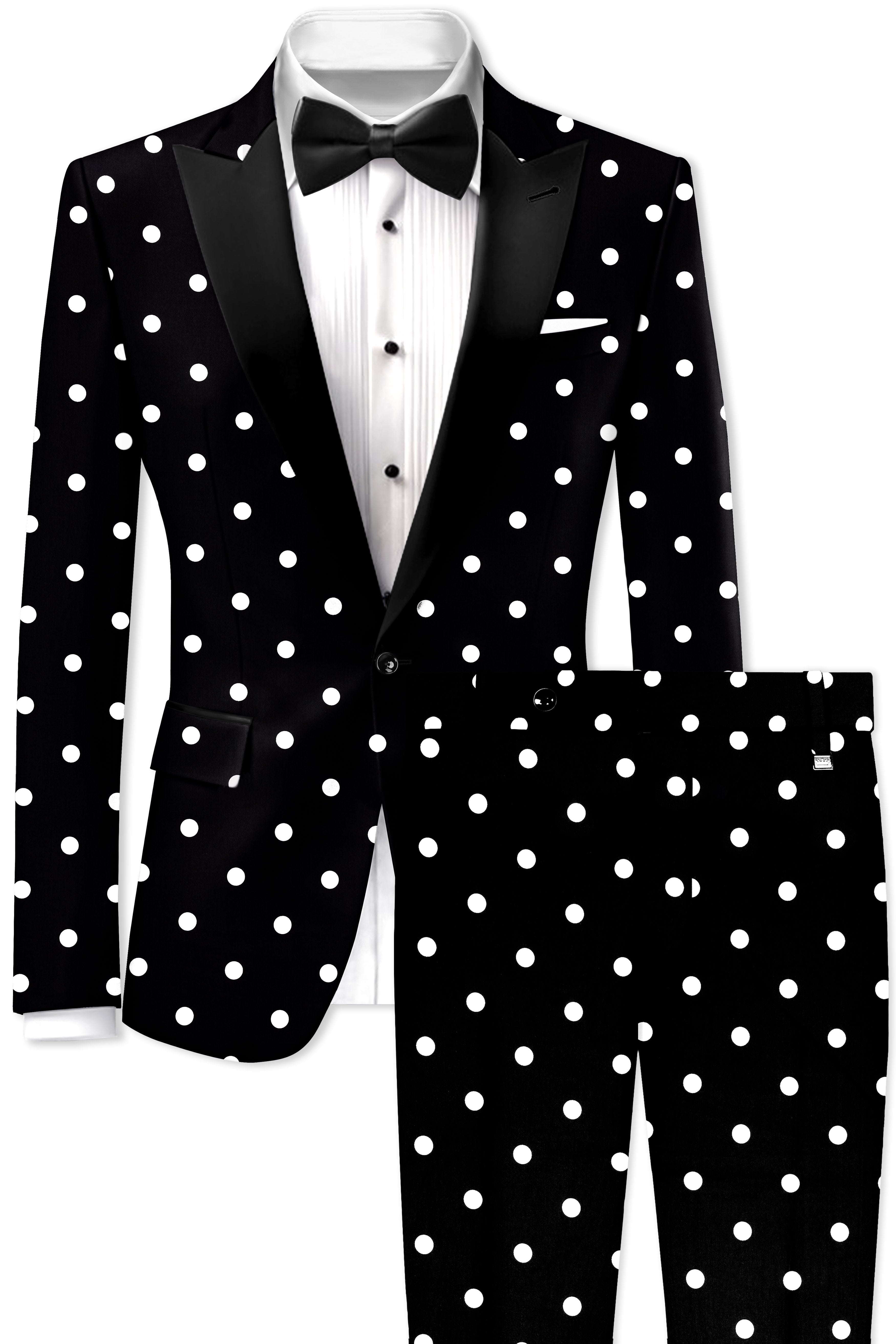 Noirdot-Jade Black Polka Dots Printed Premium Cotton Peak Lapel Tuxedo Suit