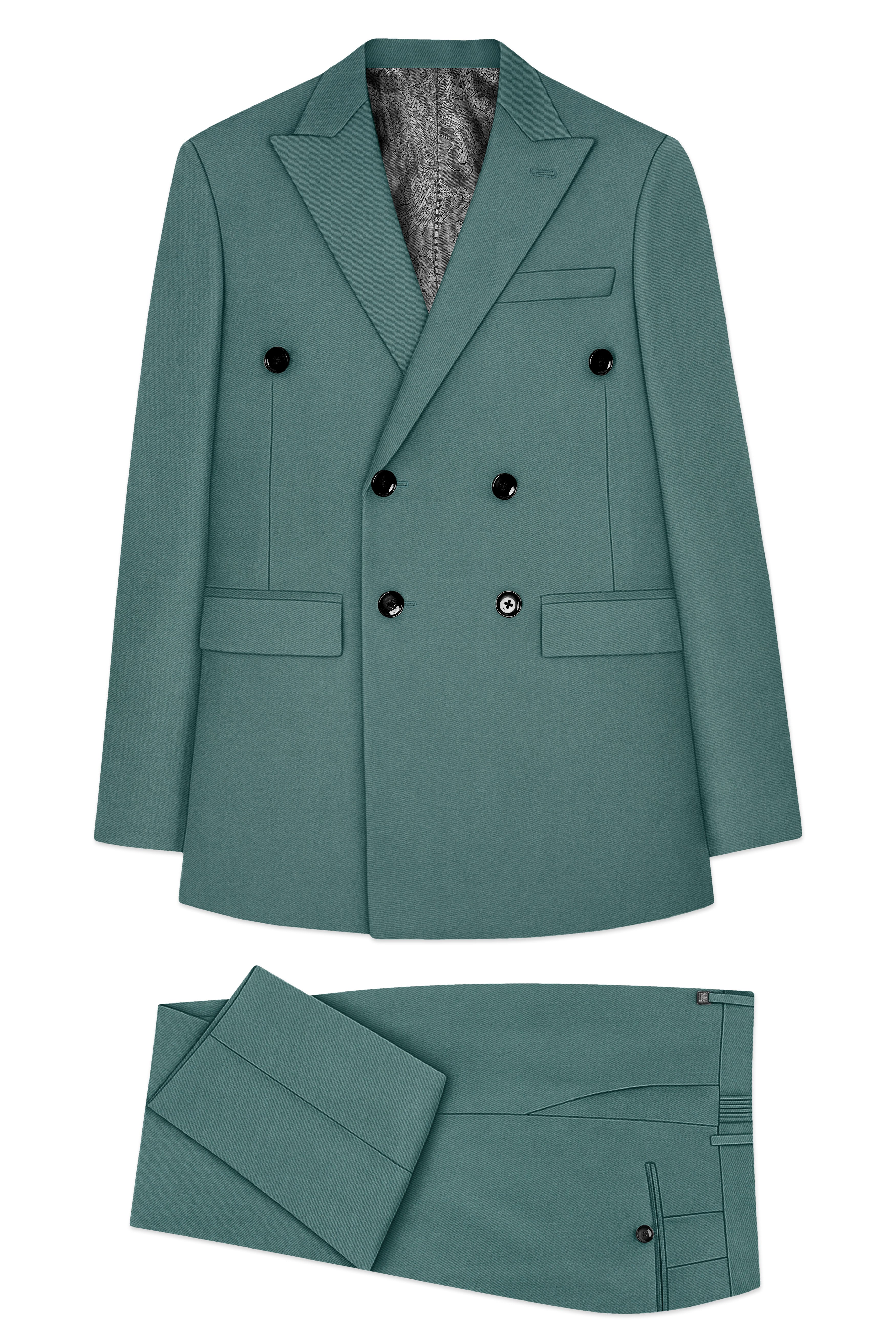 Travliam-William Green Wool Rich Double Breasted Stretchable Traveler Suit