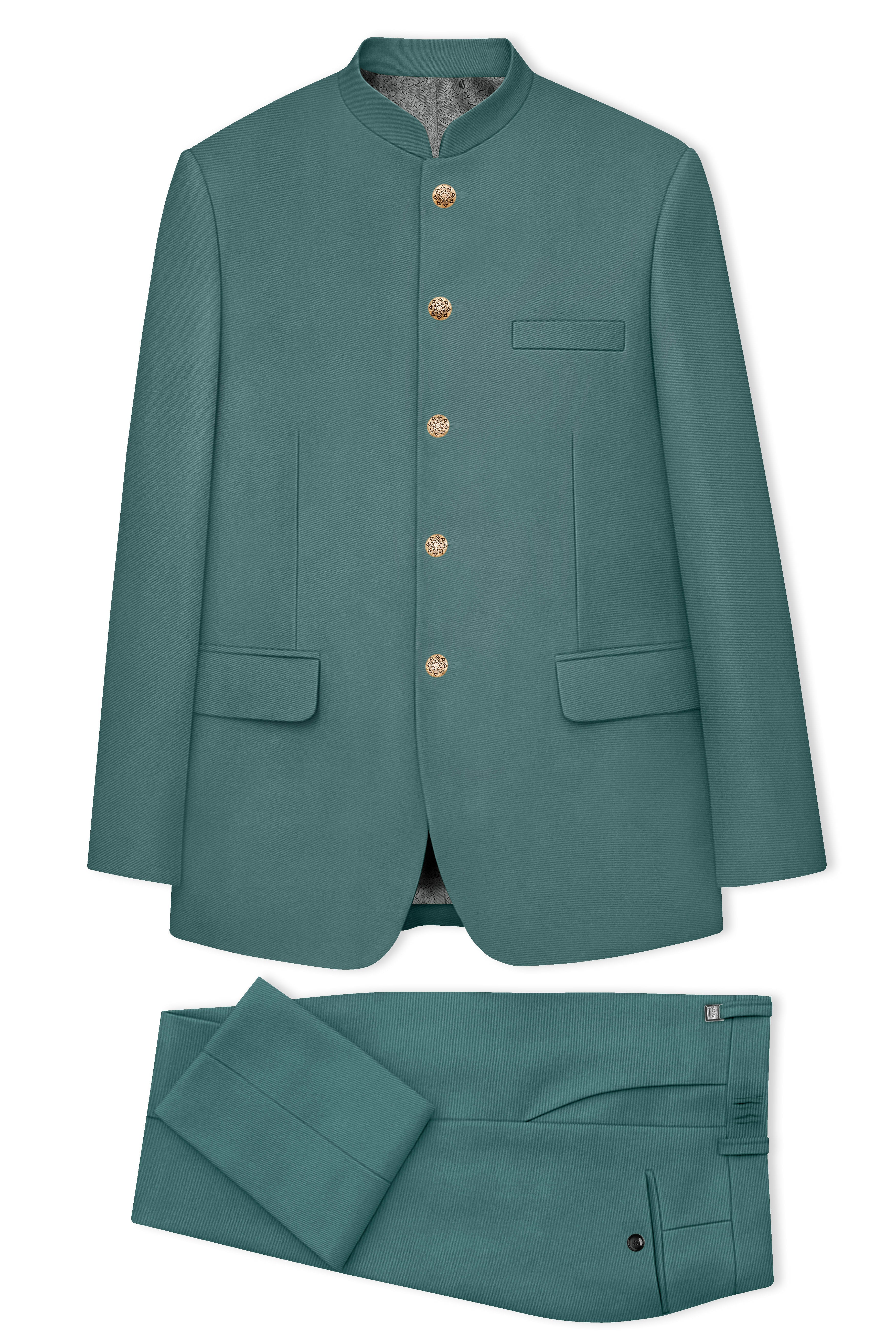 Travliam-William Green Wool Rich Bandhgala Stretchable Traveler Suit