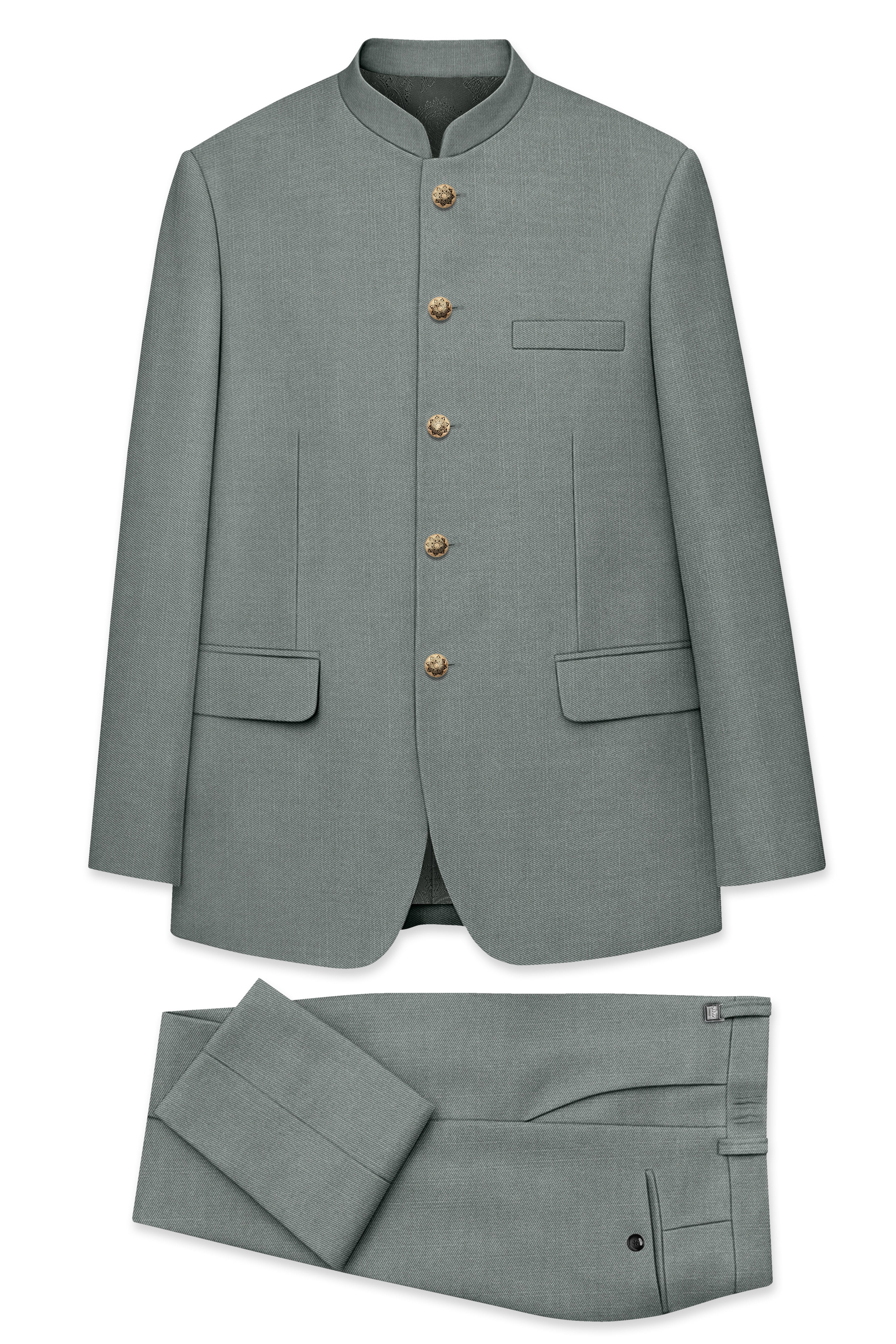 Travliam-William Gray Wool Rich Bandhgala Slight Stretch Suit