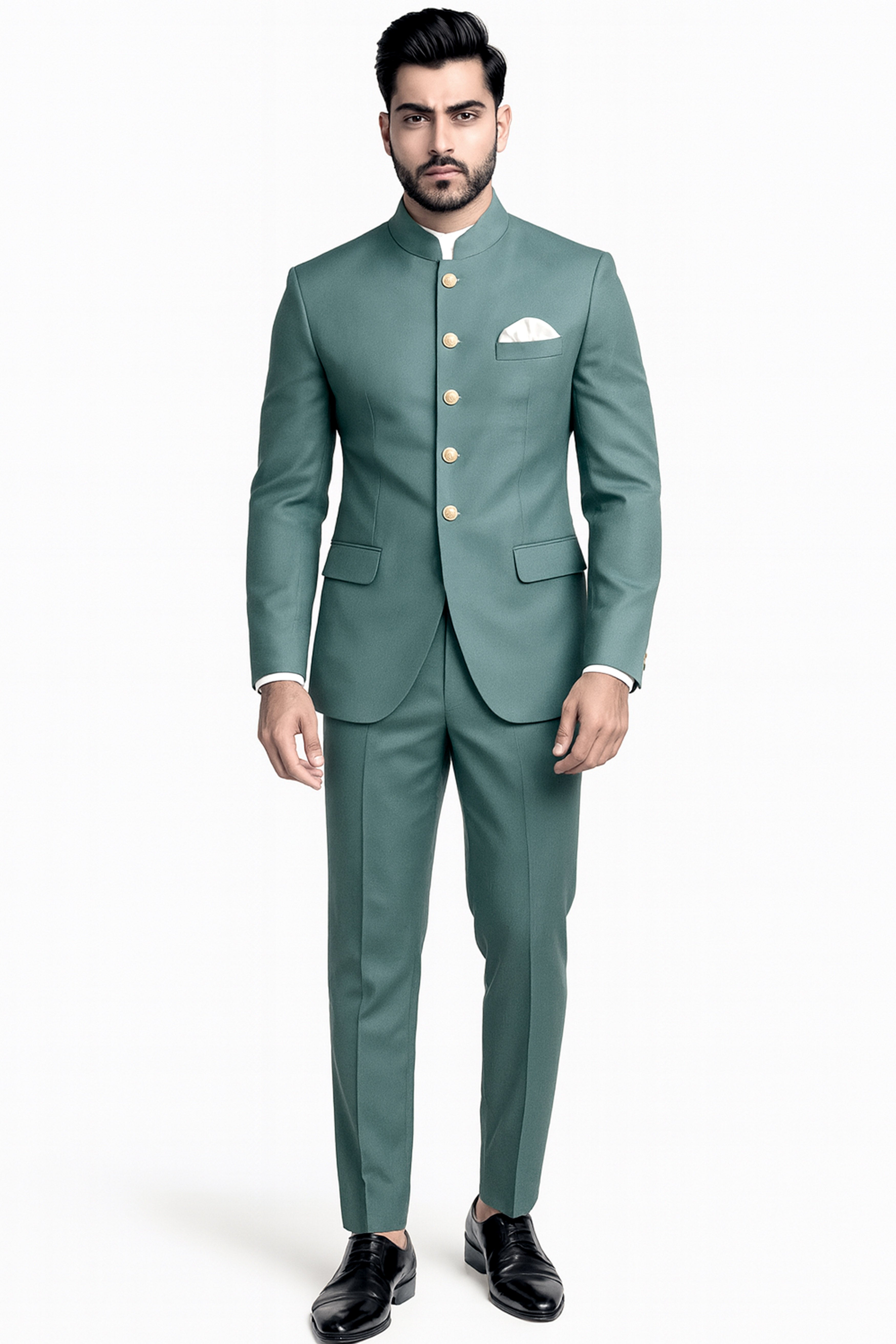 Travliam-William Green Wool Rich Bandhgala Stretchable Traveler Suit