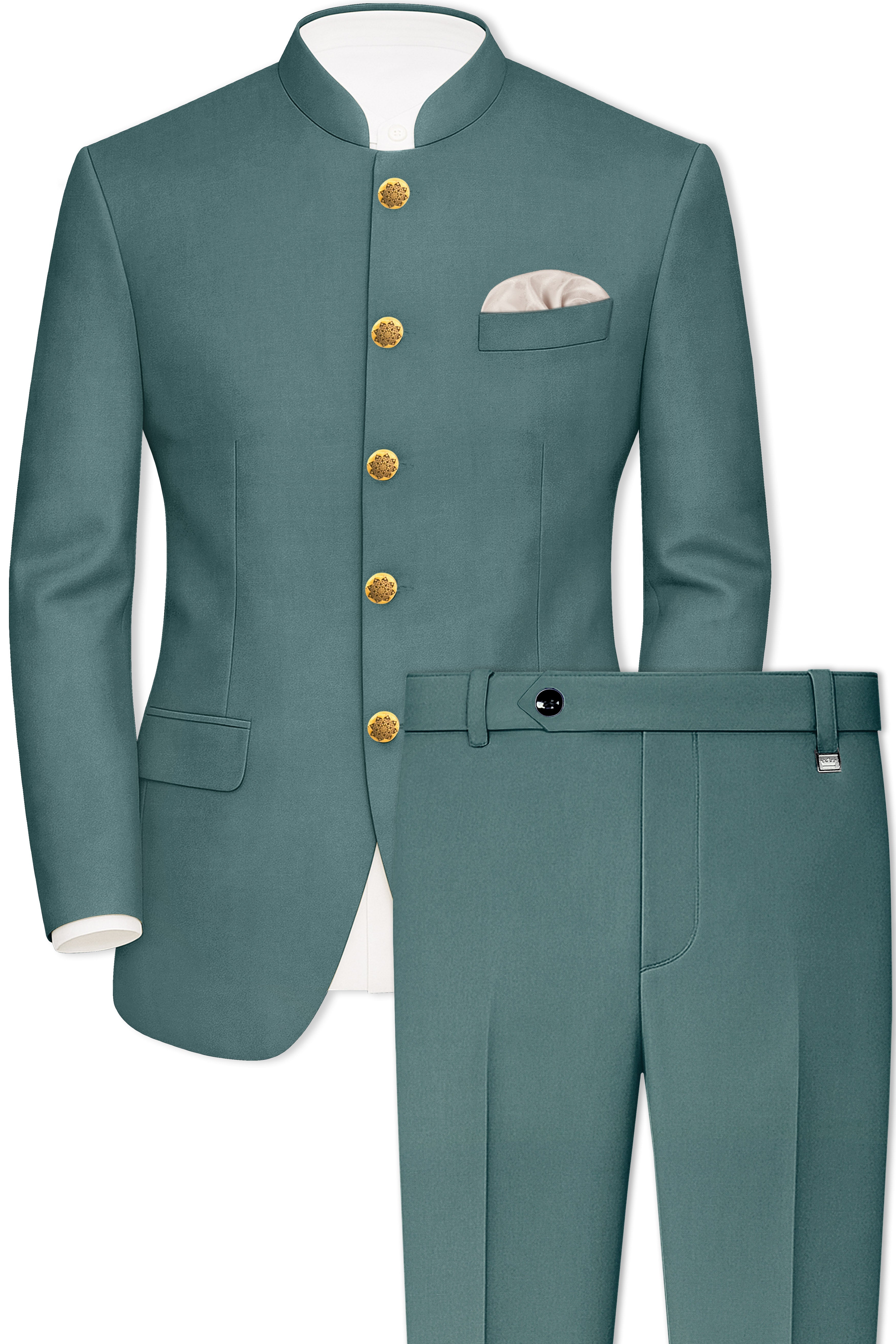 Travliam-William Green Wool Rich Bandhgala Stretchable Traveler Suit