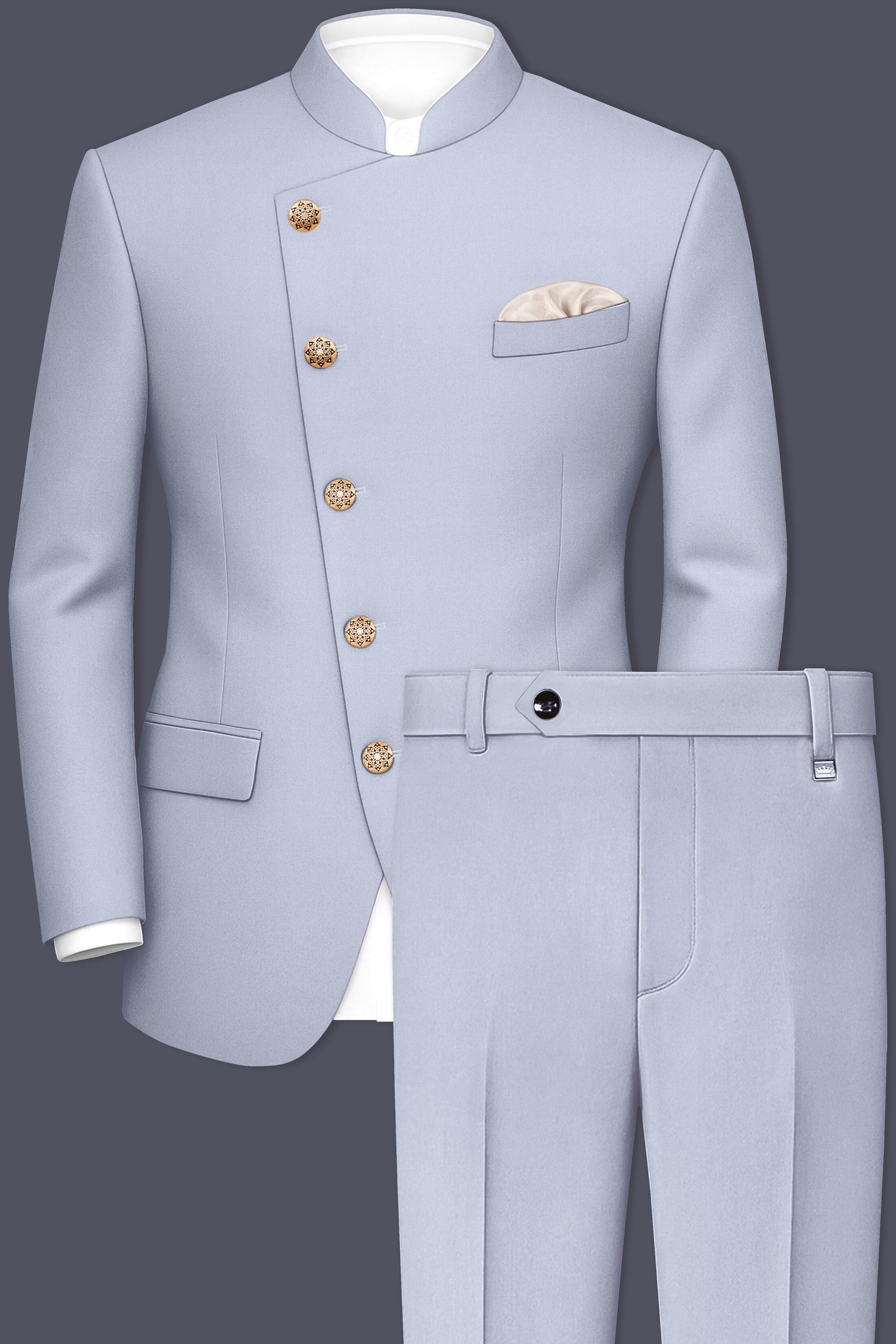 Silgrove-Loblolly Gray Wool Rich Cross Placket Bandhgala Stretchable Traveler Suit