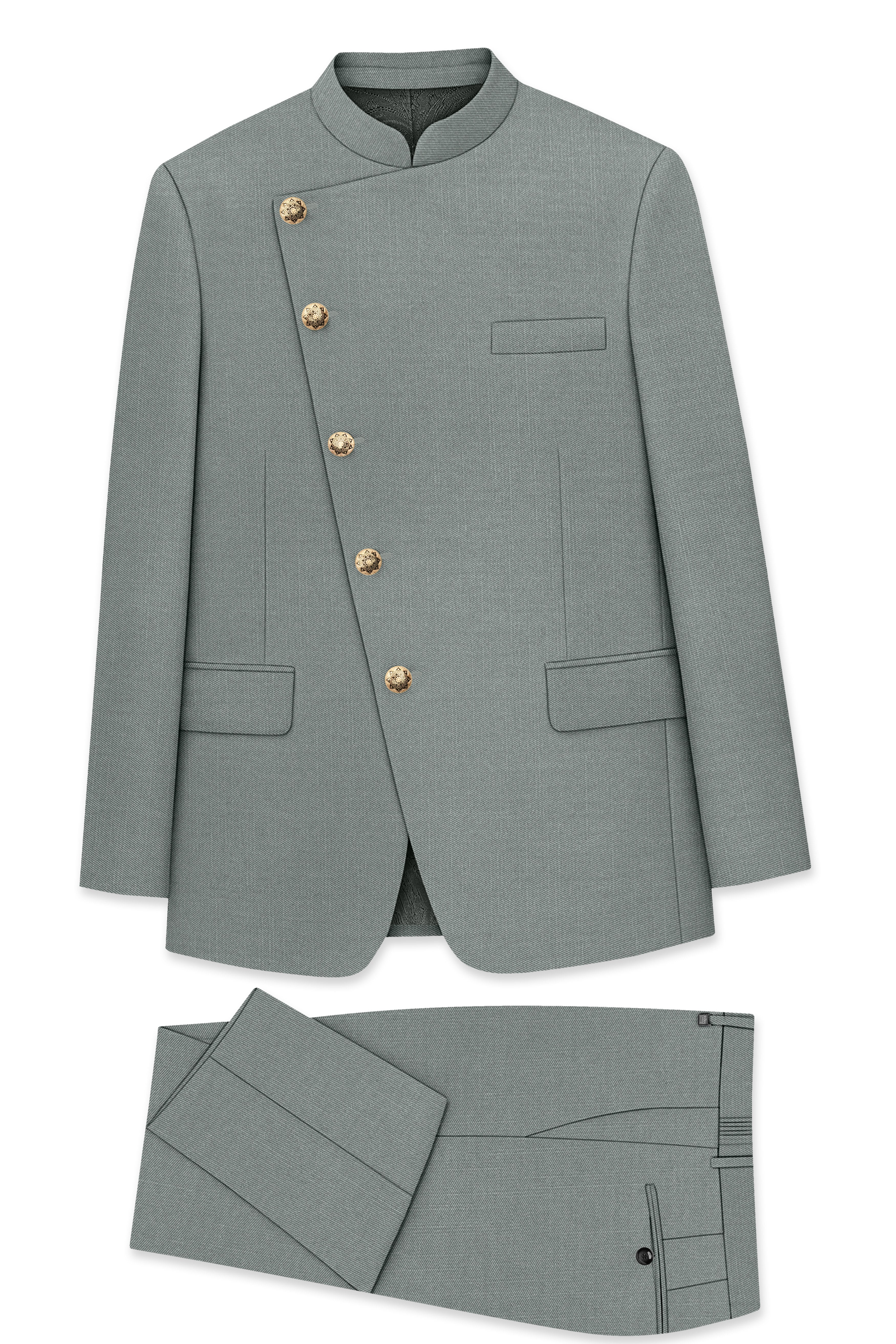 Travliam-William Gray Wool Rich Cross Placket Bandhgala Slight Stretch Suit