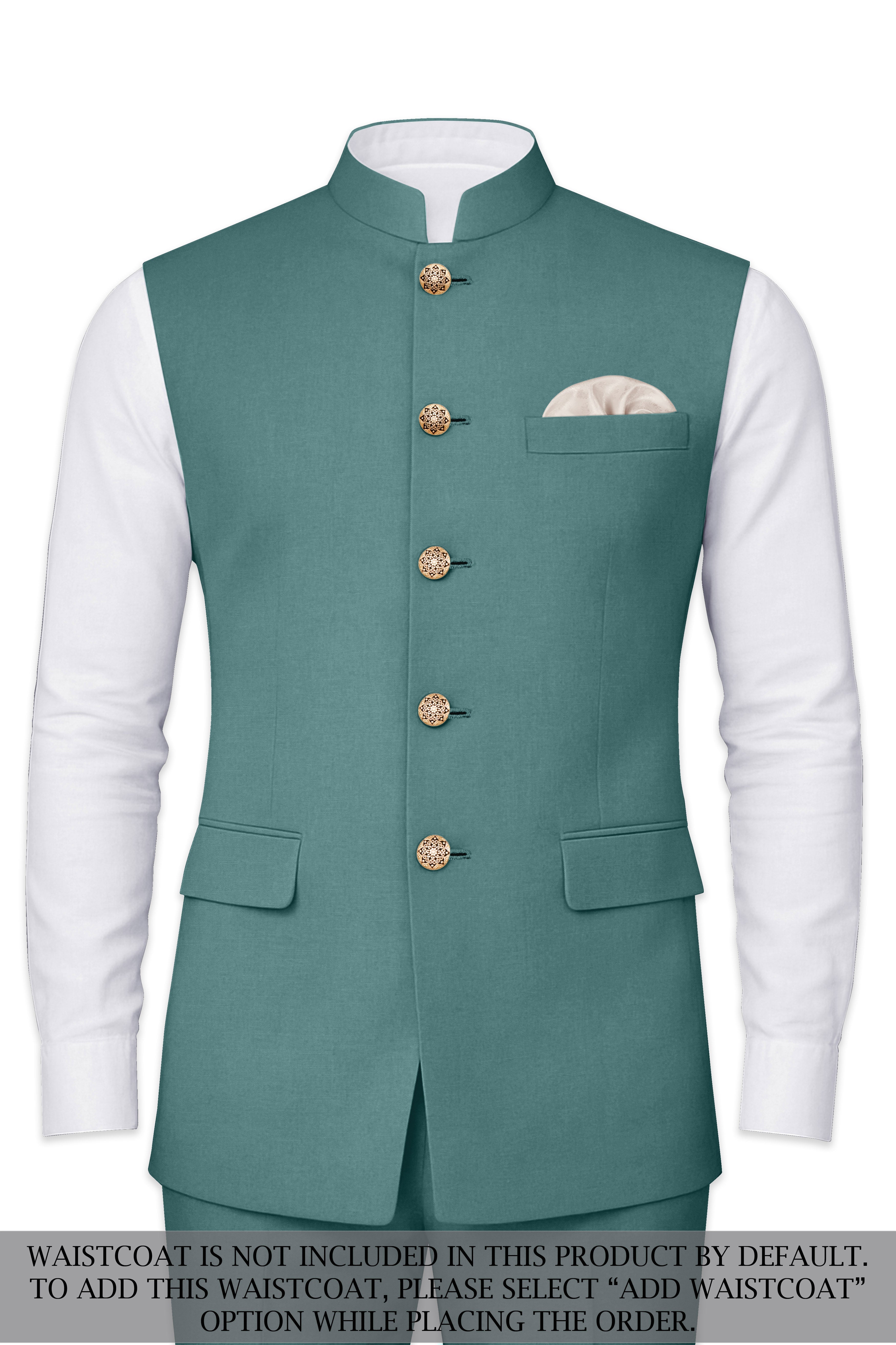 Travliam-William Green Wool Rich Cross Placket Bandhgala Stretchable Traveler Suit