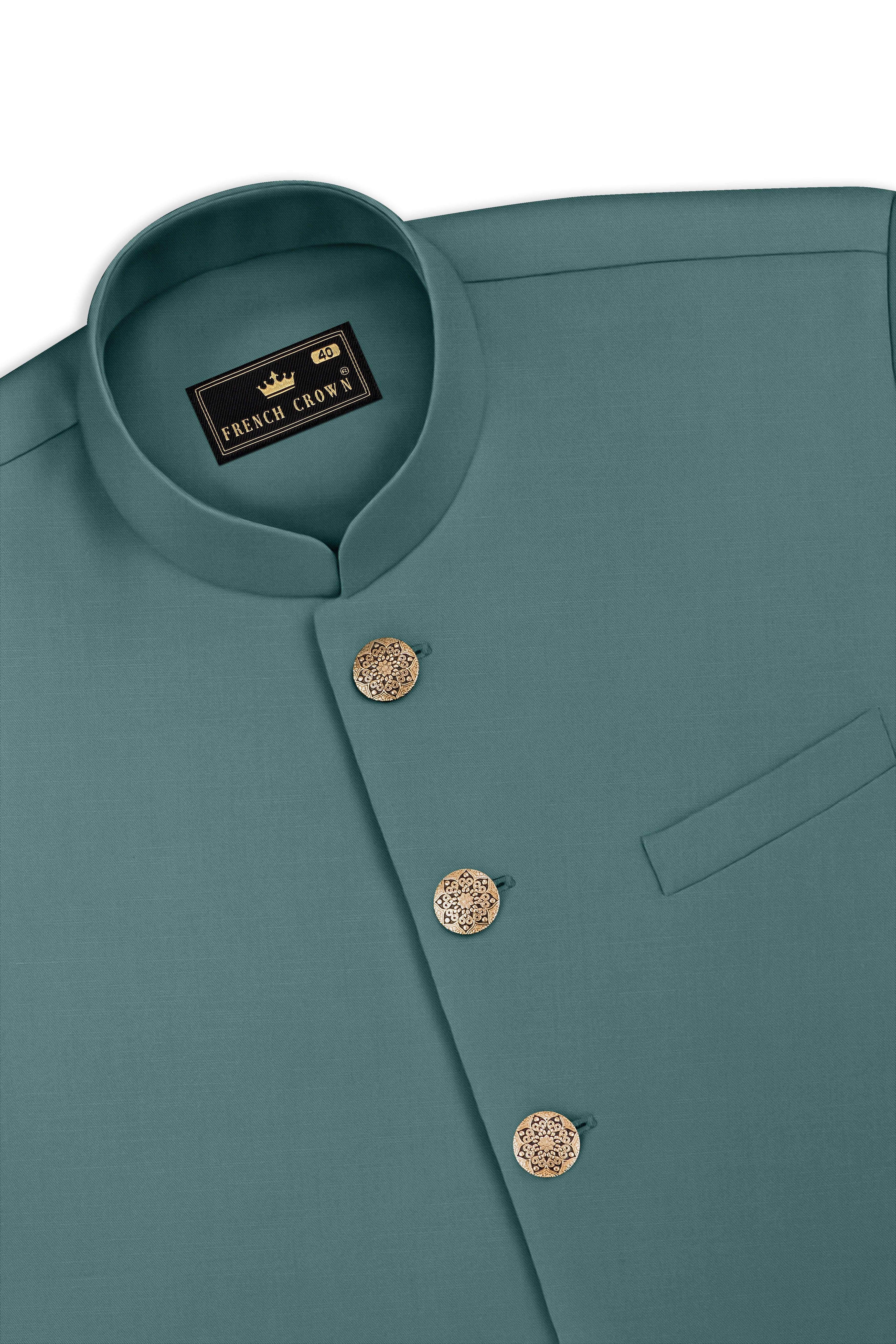Travliam-William Green Wool Rich Cross Placket Bandhgala Stretchable Traveler Suit