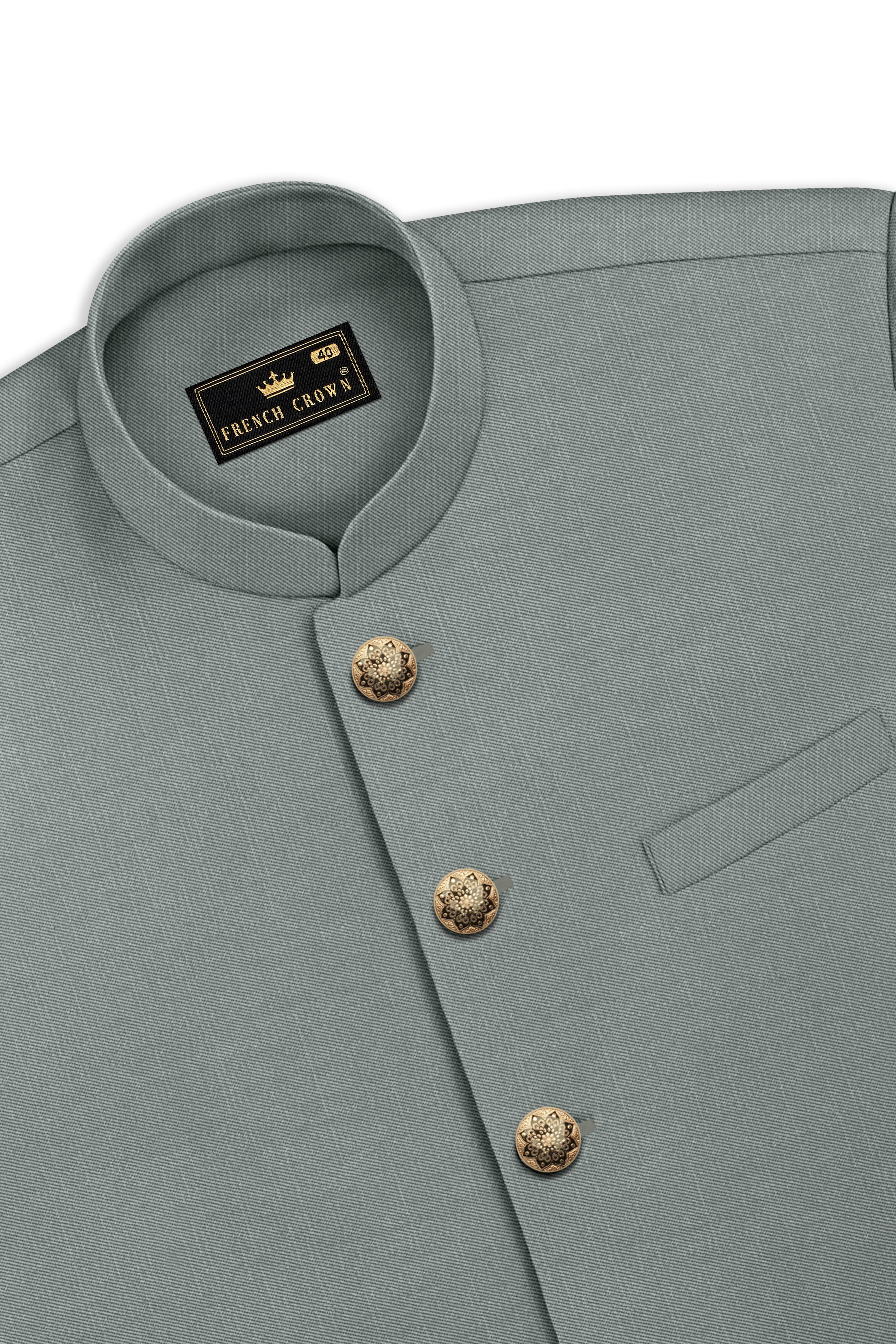 Travliam-William Gray Wool Rich Cross Placket Bandhgala Slight Stretch Suit