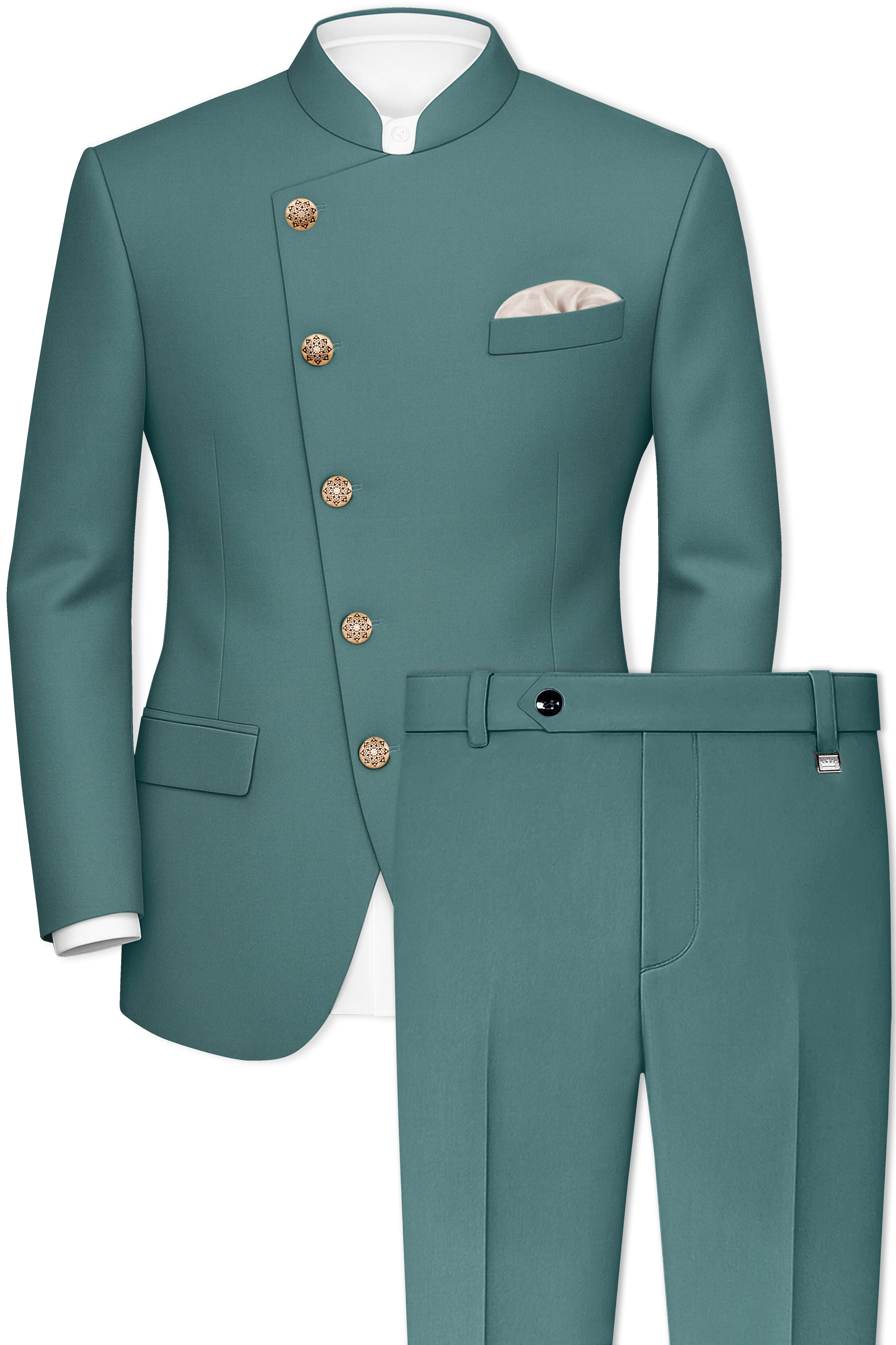 Travliam-William Green Wool Rich Cross Placket Bandhgala Stretchable Traveler Suit