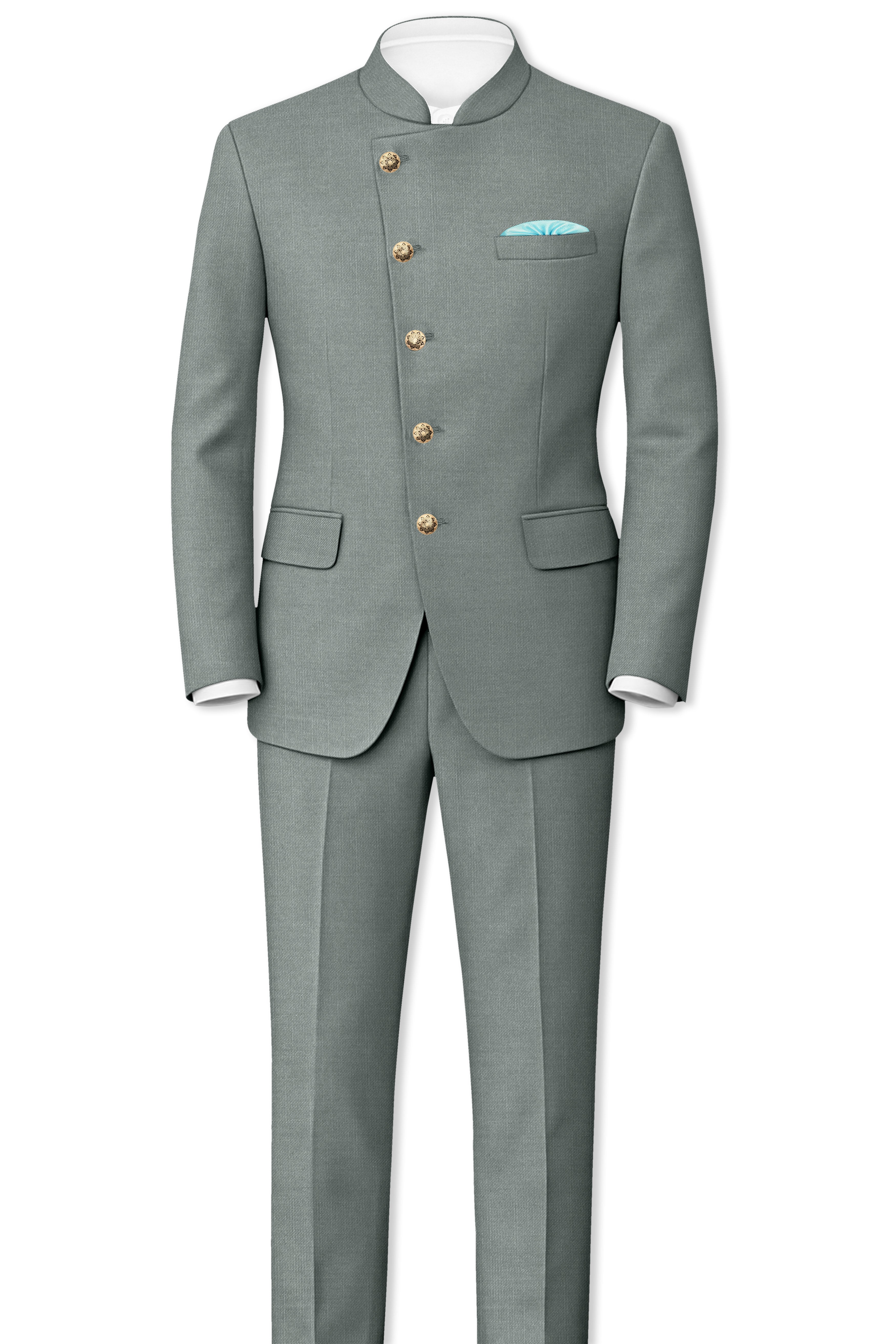 Travliam-William Gray Wool Rich Cross Placket Bandhgala Slight Stretch Suit