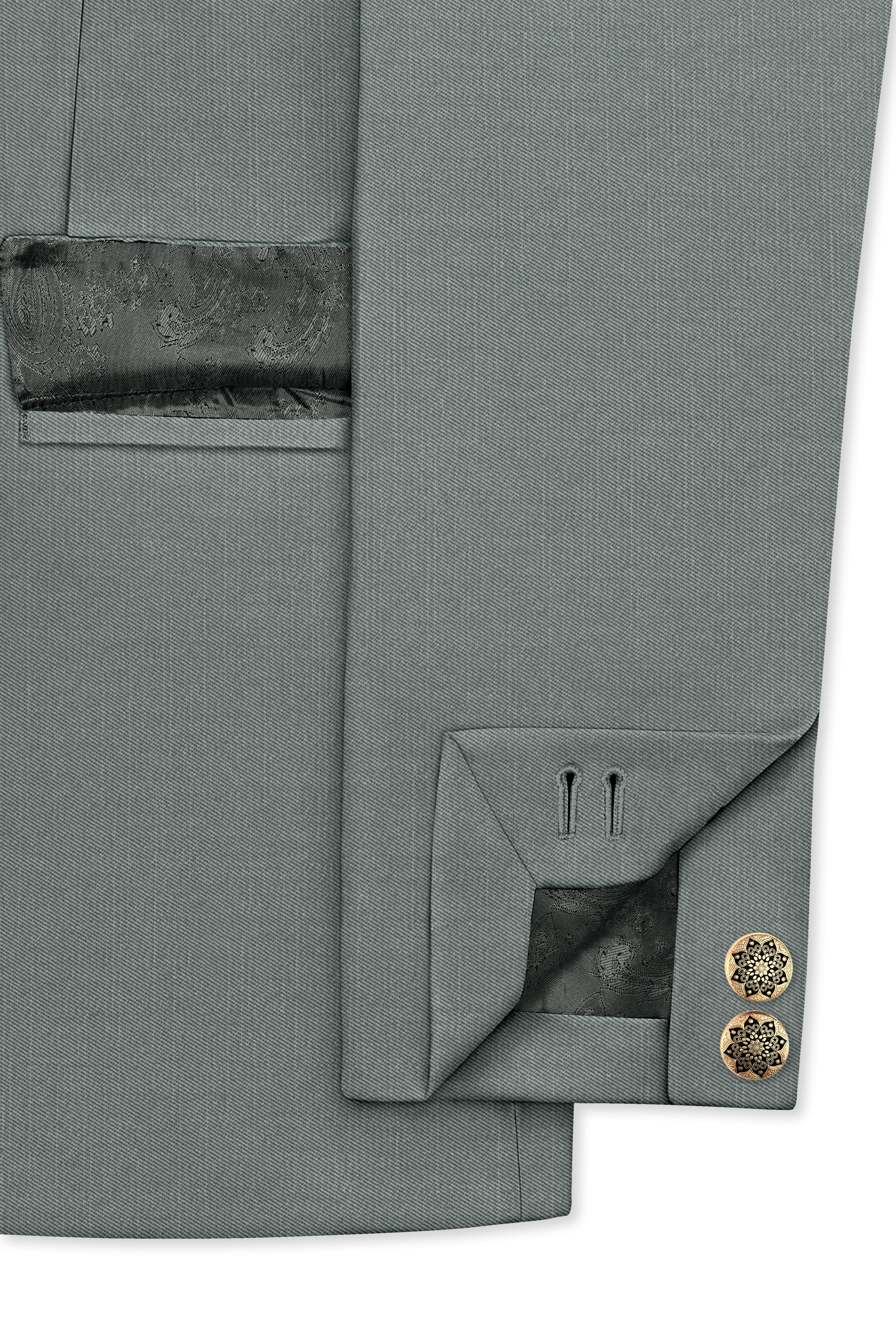 Travliam-William Gray Wool Rich Cross Placket Bandhgala Slight Stretch Suit