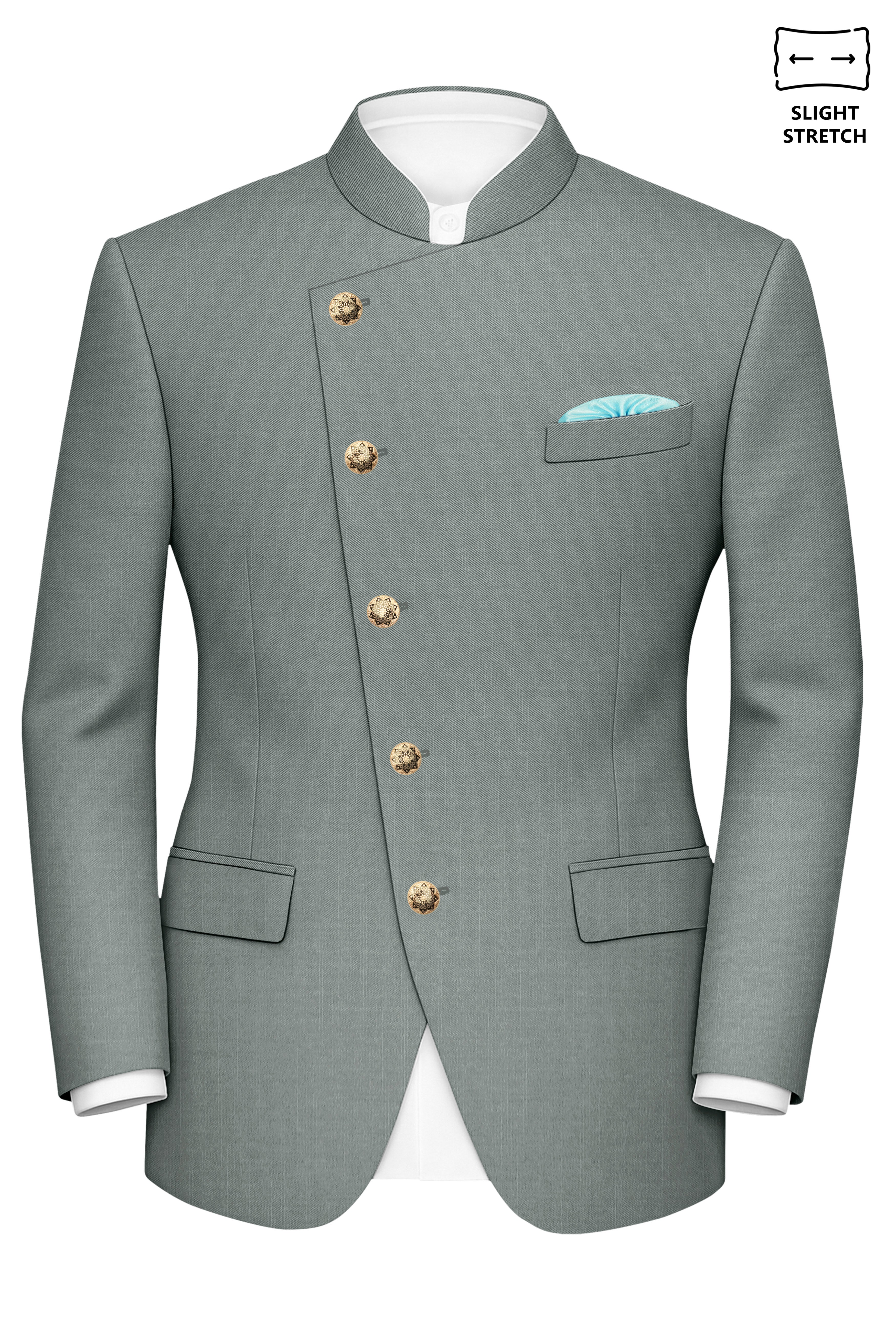 Travliam-William Gray Wool Rich Cross Placket Bandhgala Slight Stretch Suit