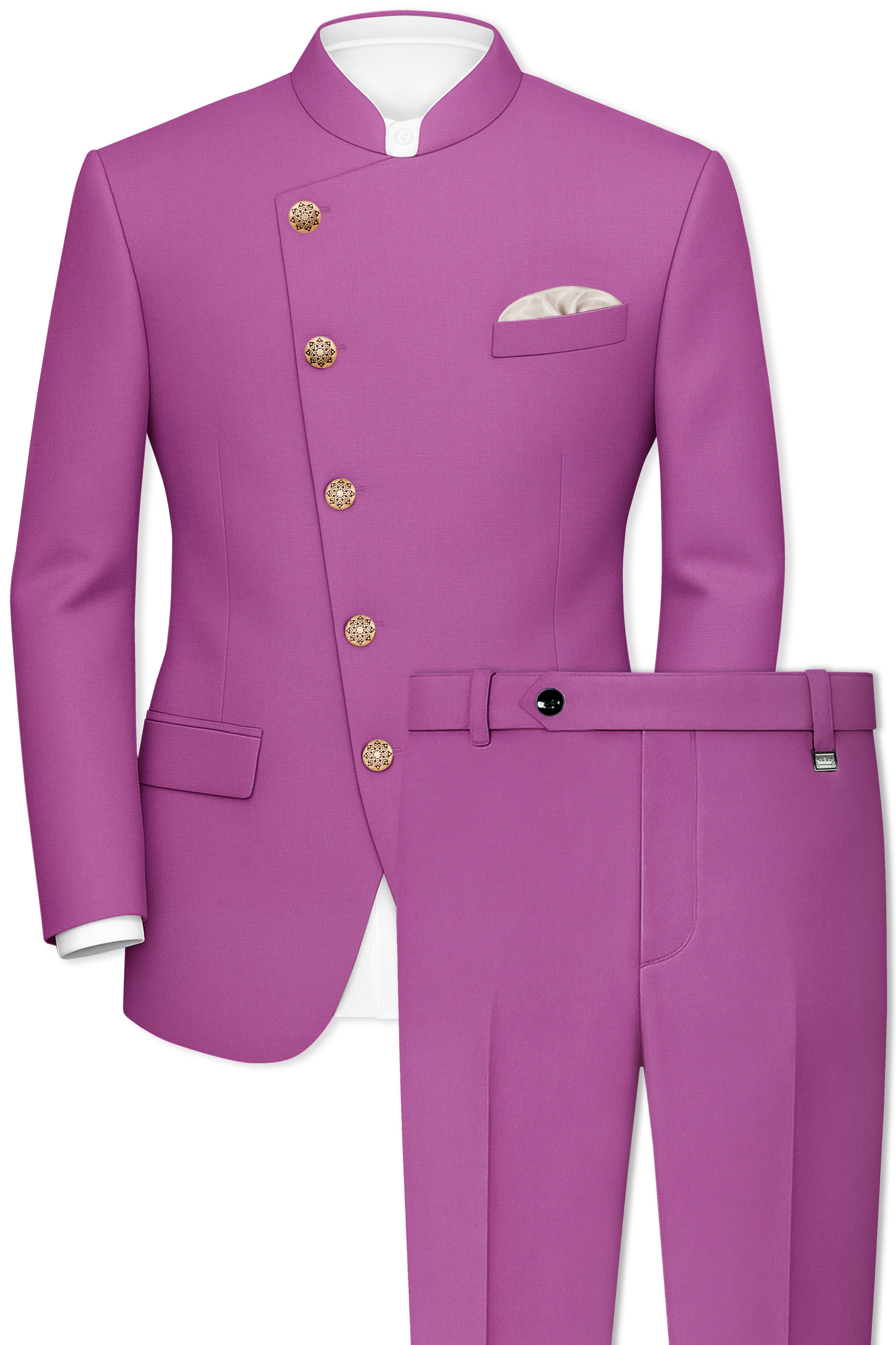Rosvoy-Trendy Pink Wool Rich Cross Placket Bandhgala Stretchable Traveler Suit