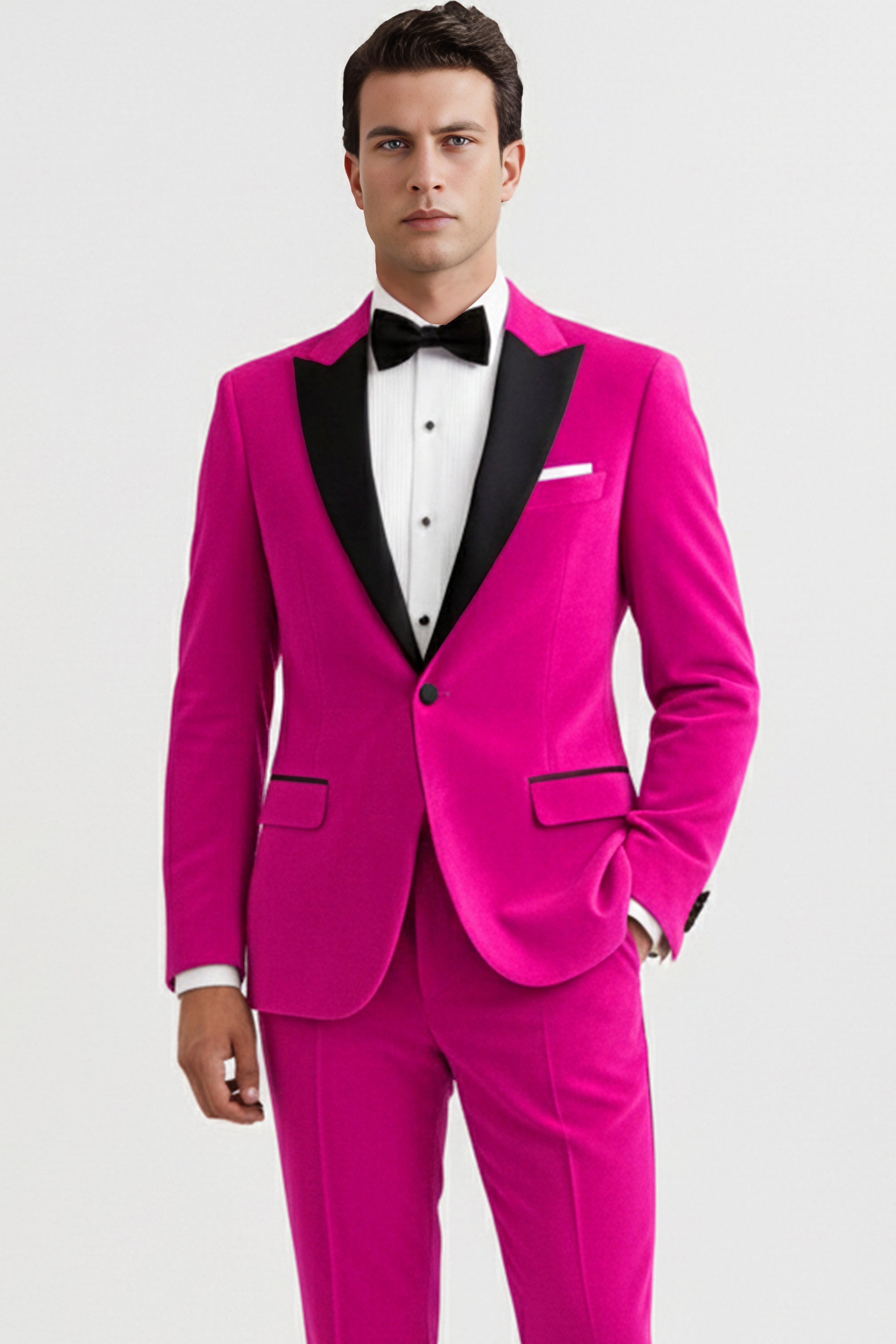 Rosivell-Fuchsia Pink Velvet Peak Lapel Tuxedo Suit