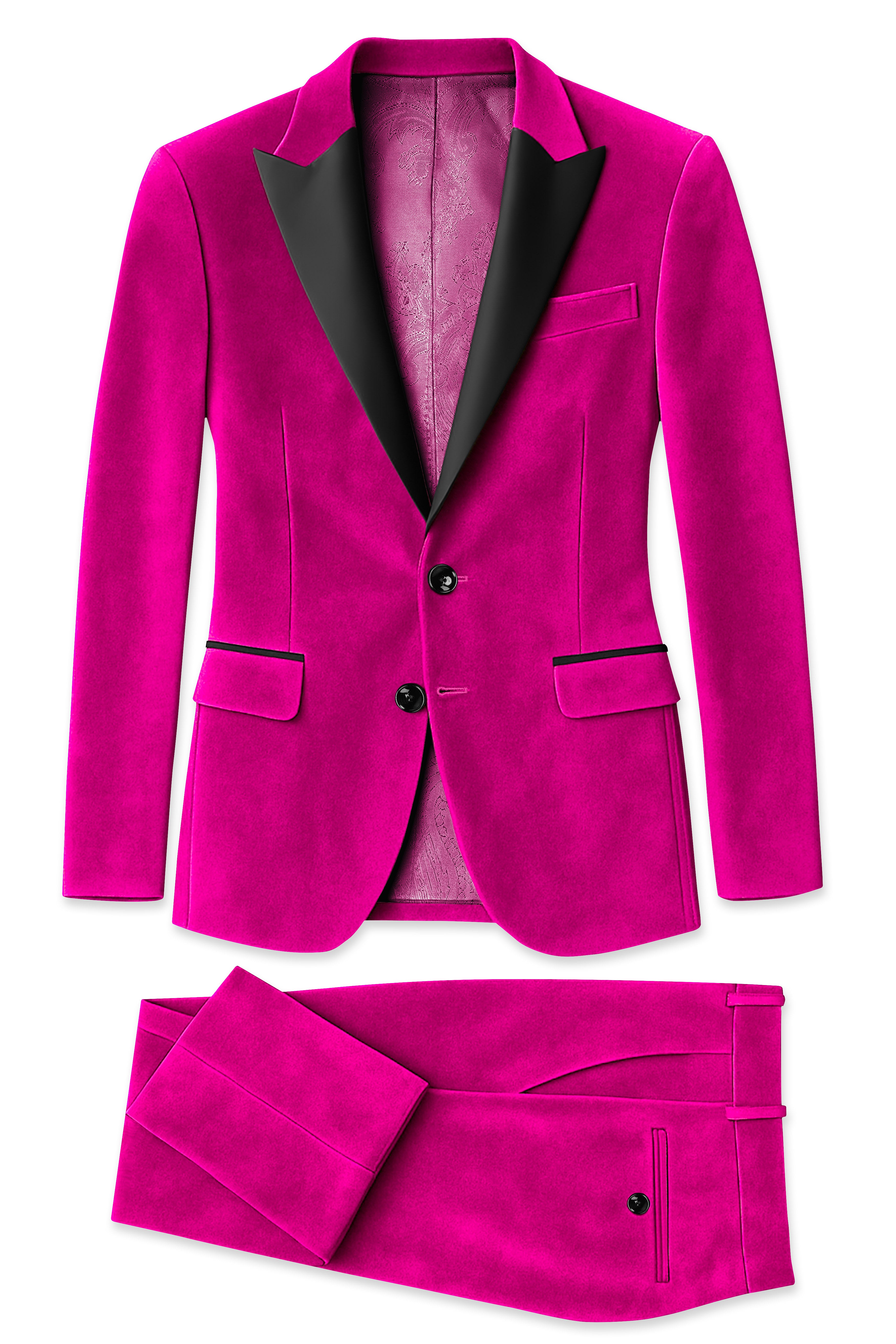 Rosivell-Fuchsia Pink Velvet Peak Lapel Tuxedo Suit
