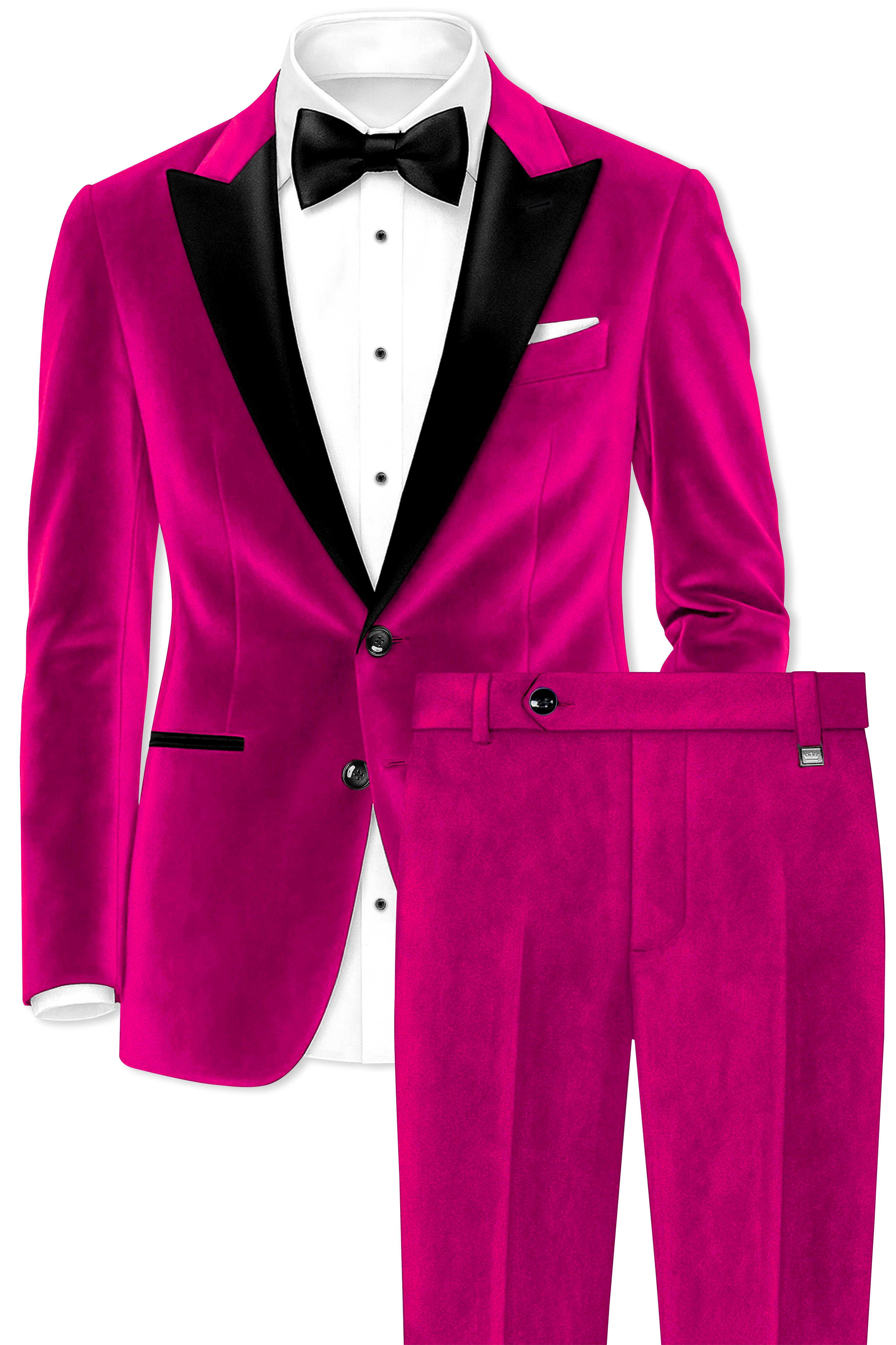 Rosivell-Fuchsia Pink Velvet Peak Lapel Tuxedo Suit