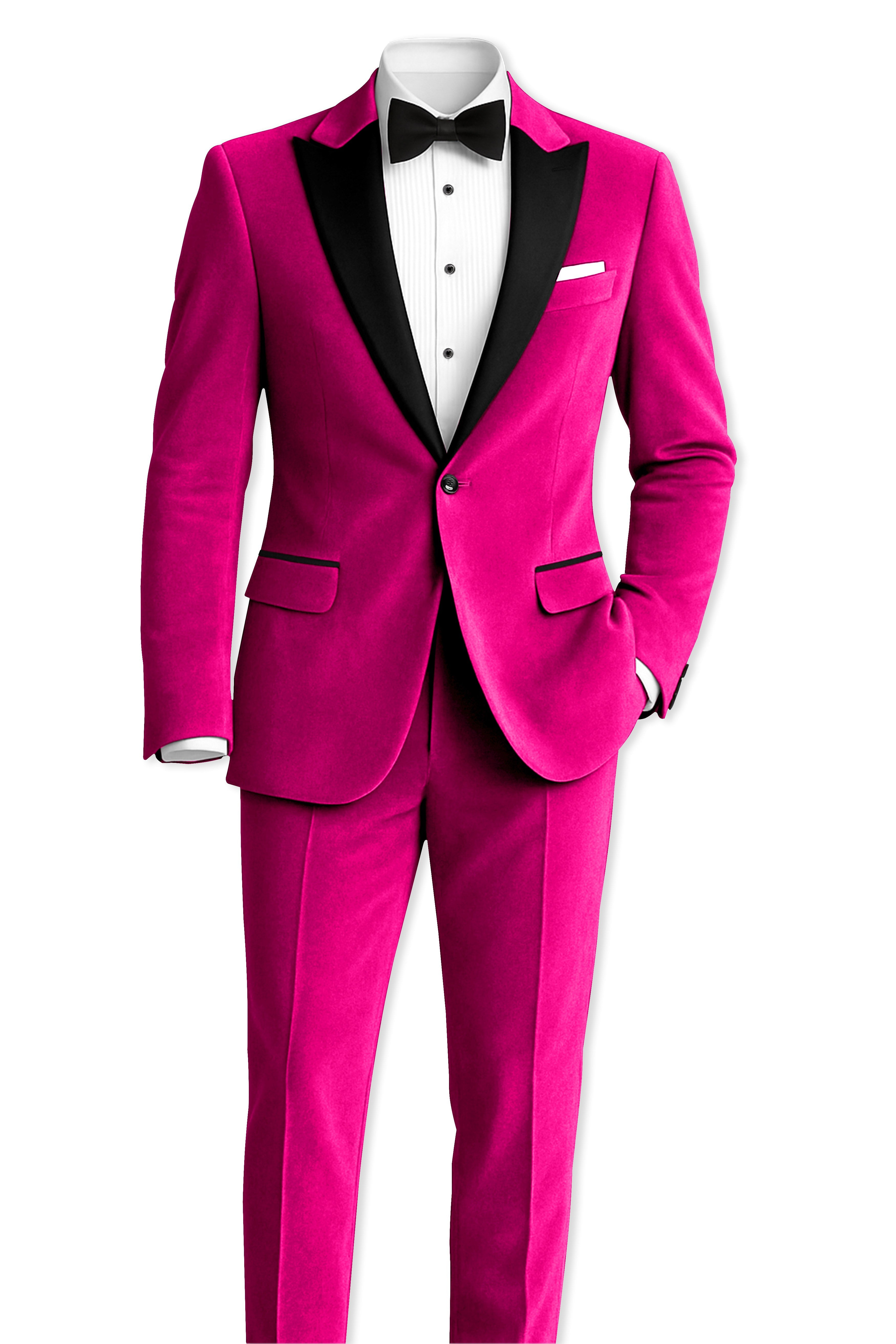 Rosivell-Fuchsia Pink Velvet Peak Lapel Tuxedo Suit
