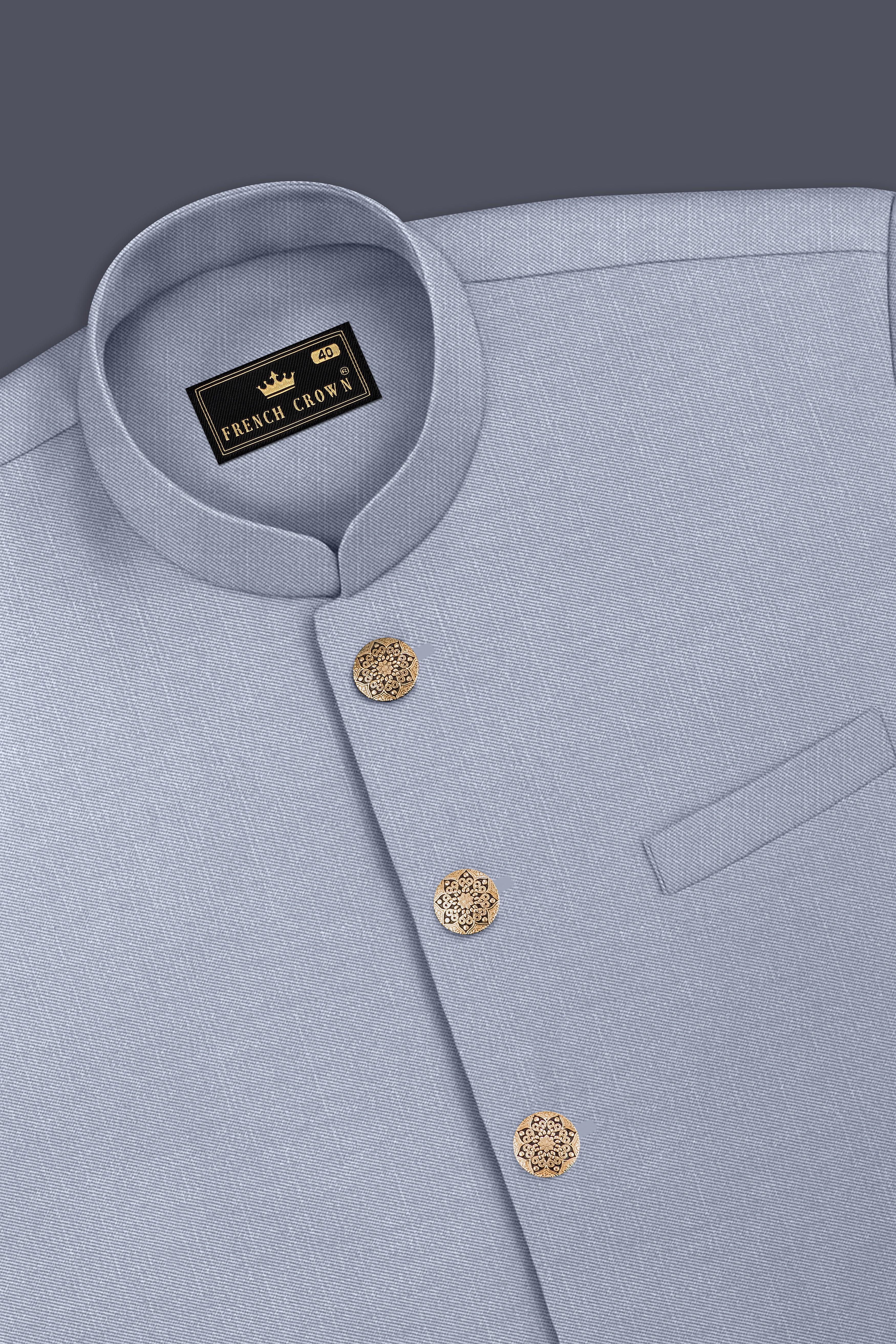 Mistivell-Mountain Mist Gray Wool Rich Cross Placket Bandhgala Stretchable traveler Suit