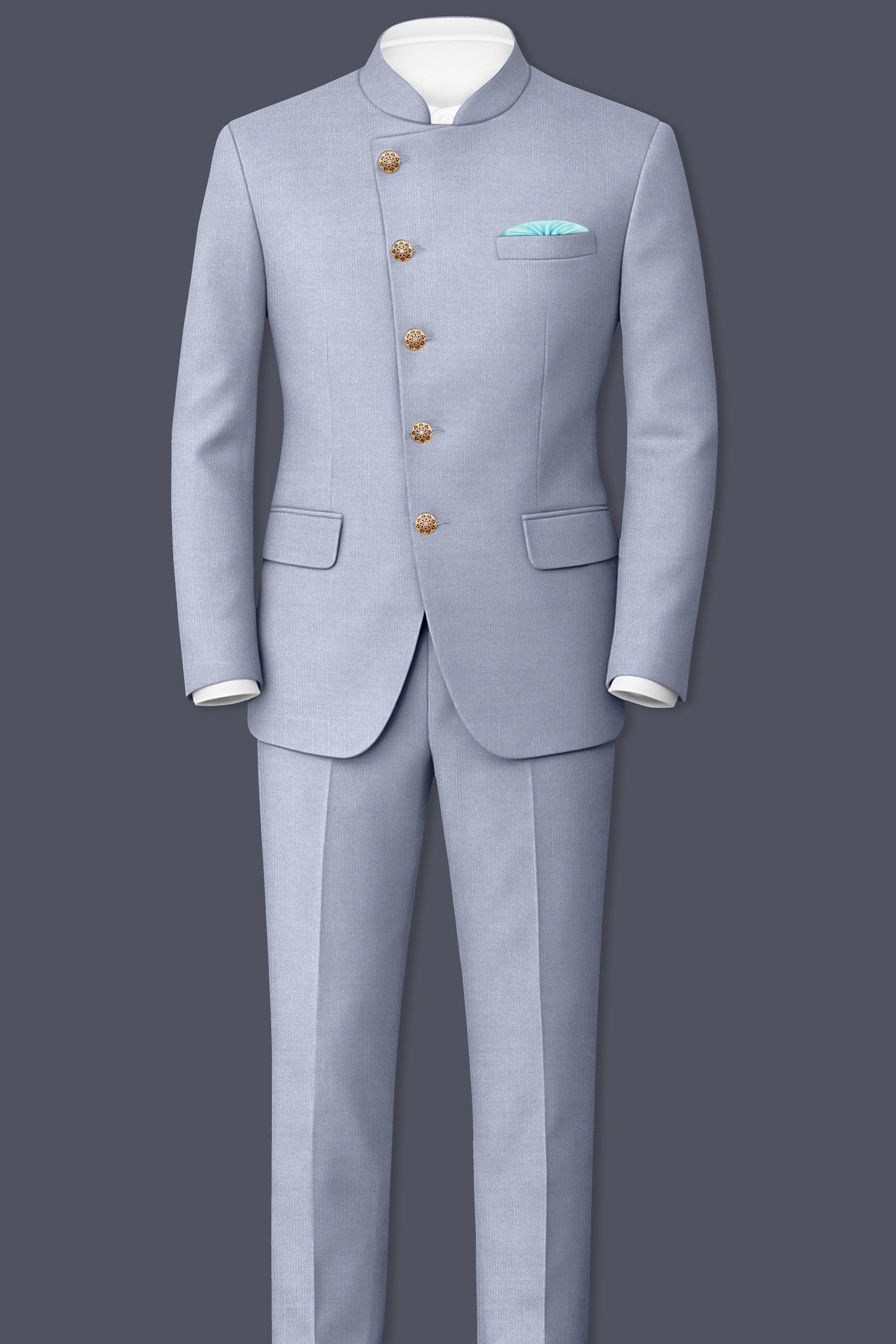 Mistivell-Mountain Mist Gray Wool Rich Cross Placket Bandhgala Stretchable traveler Suit