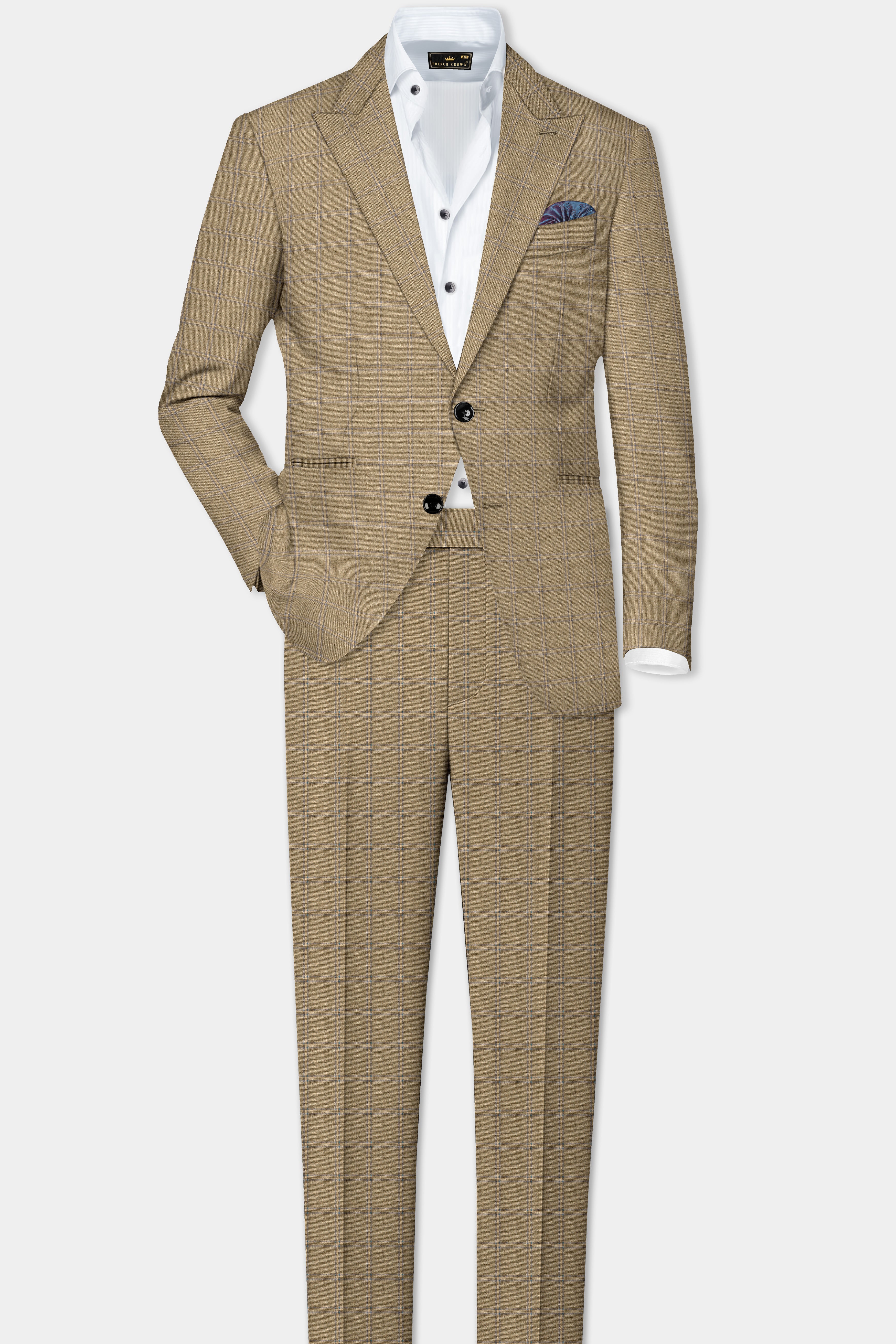 Terravo-Roman Brown Windowpane Wool Rich Single Breasted Suit