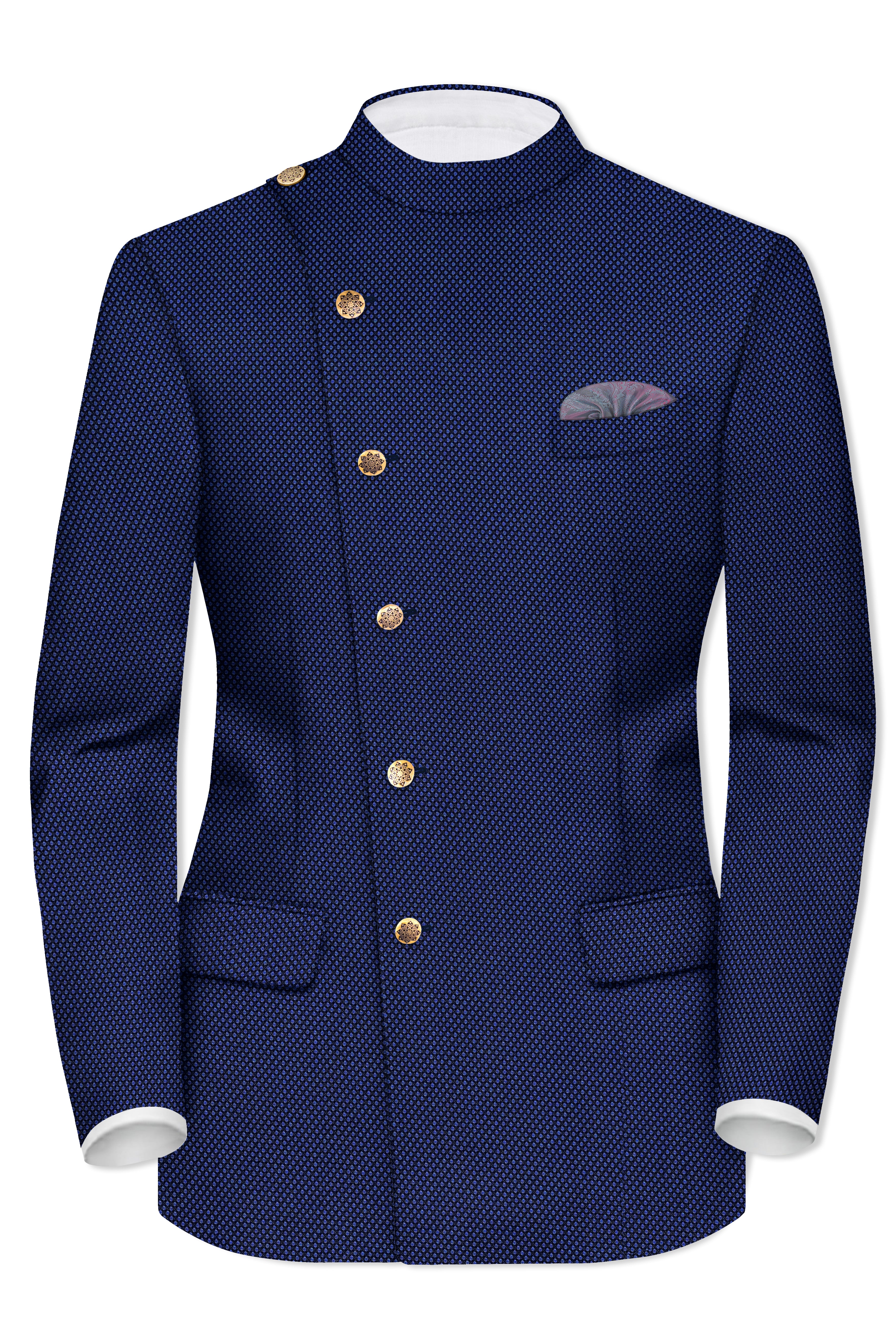 Tenebro-Midnight Blue Textured Wool Rich Cross Placket Bandhgala Suit