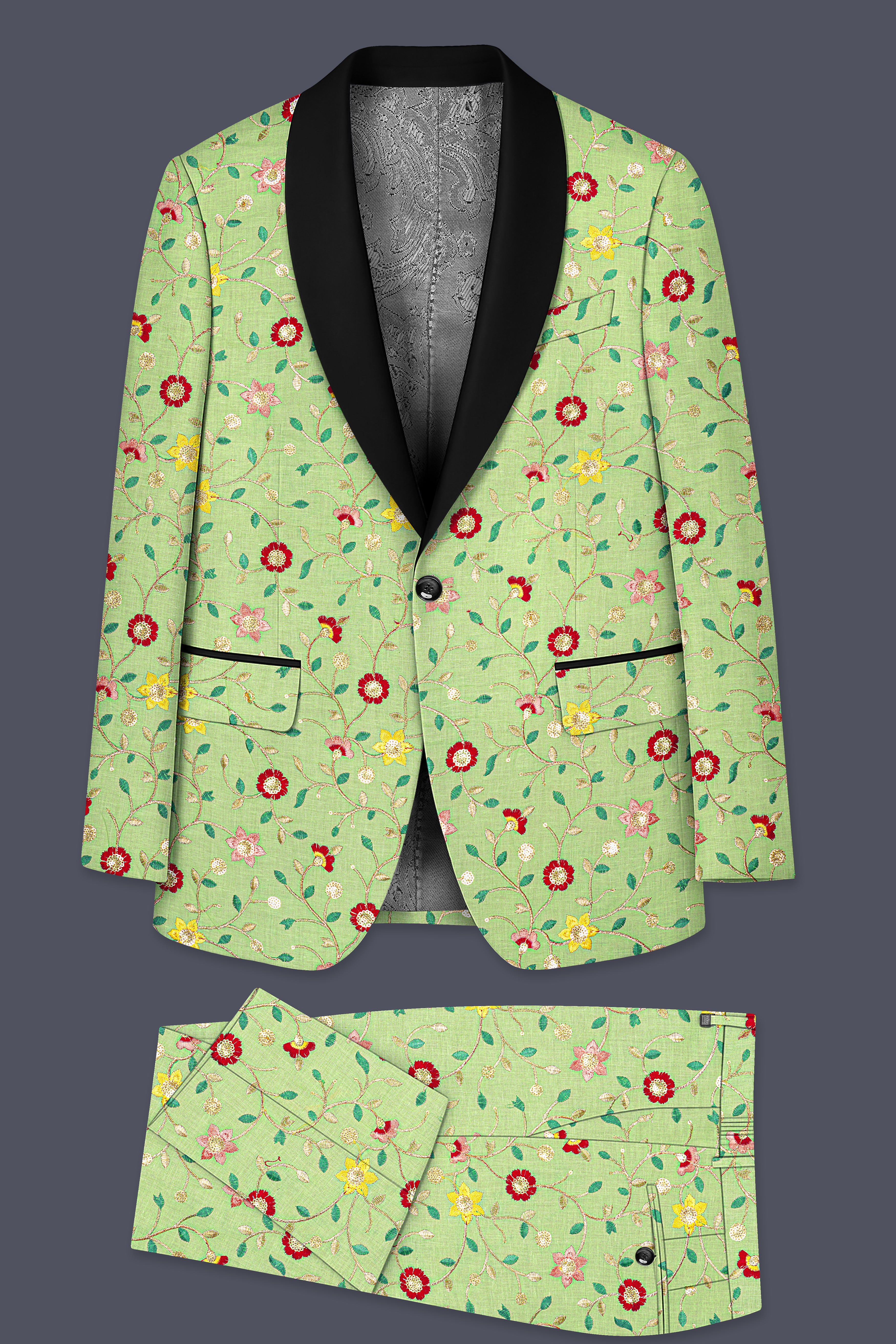 Verdoria-Hampton Green and Beryl Red Floral Multicolour Cotton Thread Embroidered Designer Tuxedo Suit
