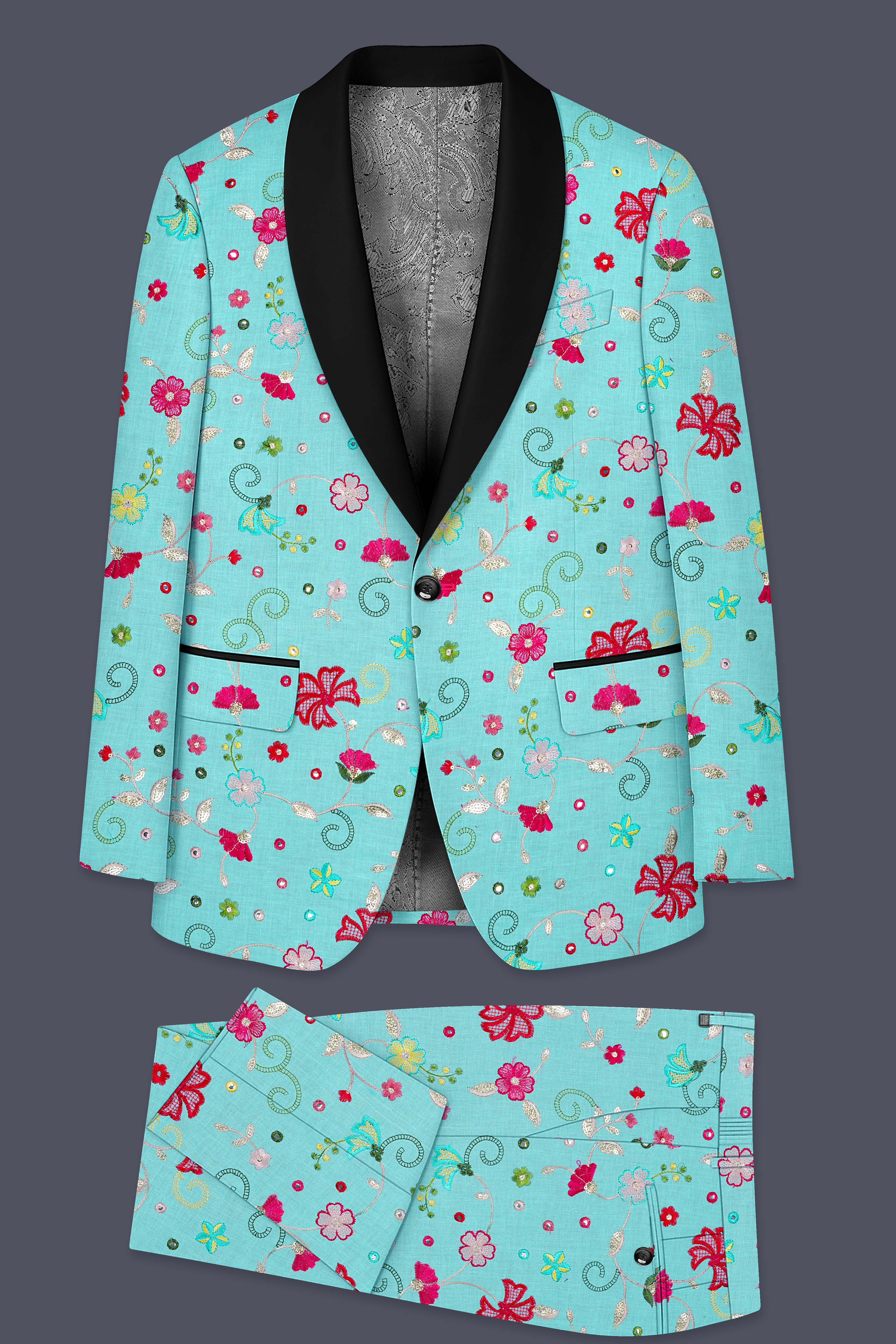 Rosavon-Cyan Blue and Charm Pink Floral Cotton Thread Embroidered Designer Tuxedo Suit