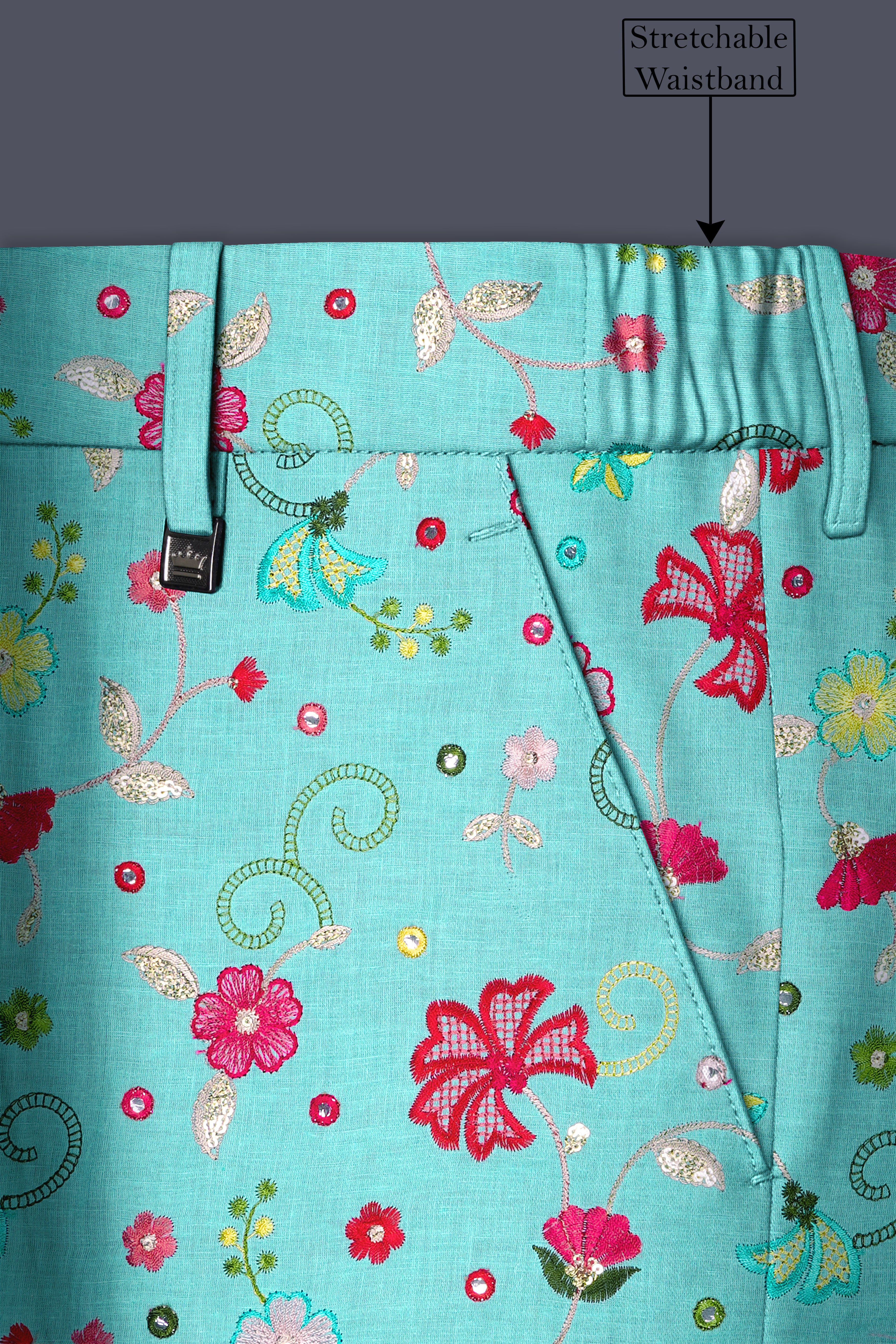 Rosavon-Cyan Blue and Charm Pink Floral Cotton Thread Embroidered Designer Tuxedo Suit