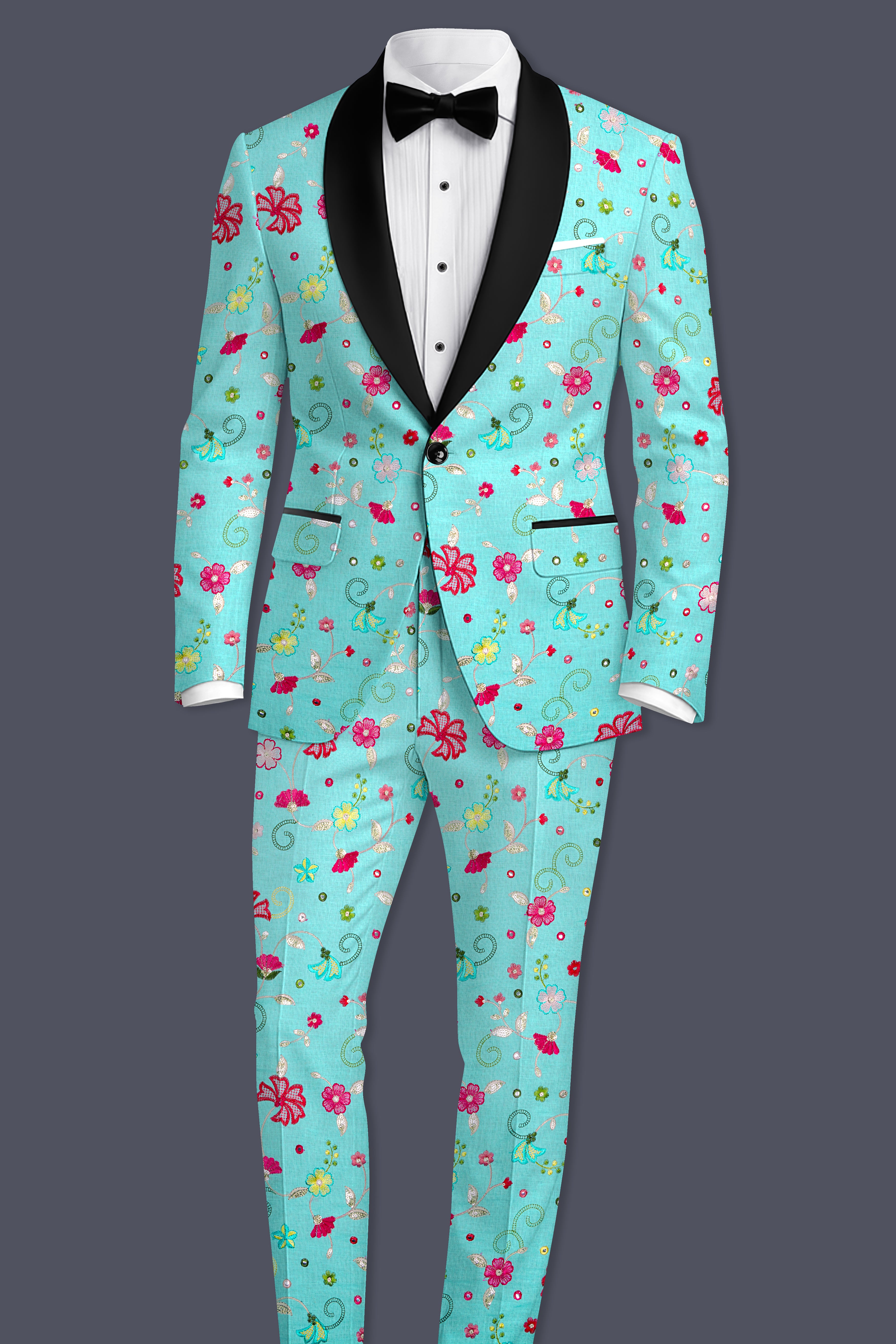 Rosavon-Cyan Blue and Charm Pink Floral Cotton Thread Embroidered Designer Tuxedo Suit