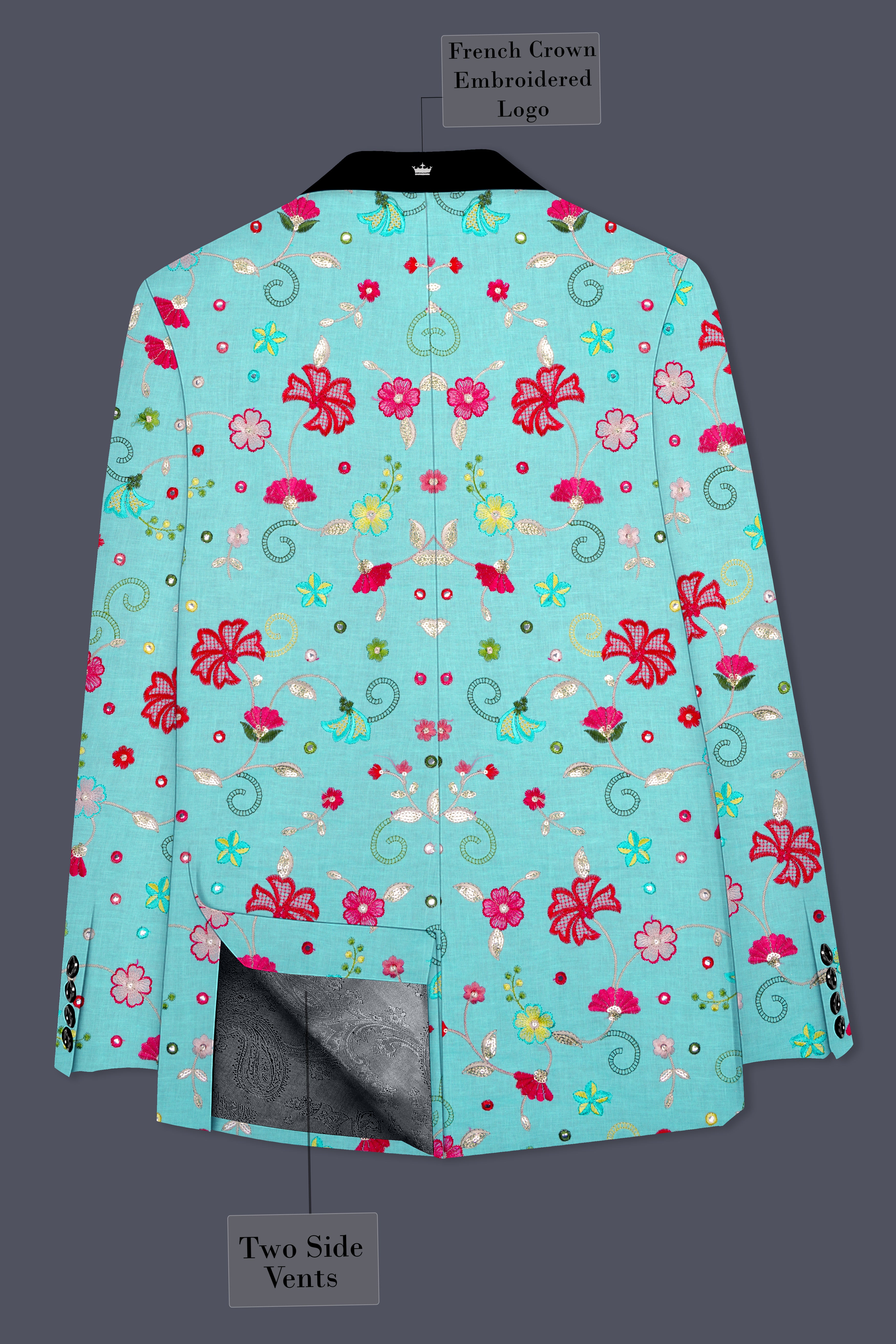 Rosavon-Cyan Blue and Charm Pink Floral Cotton Thread Embroidered Designer Tuxedo Suit