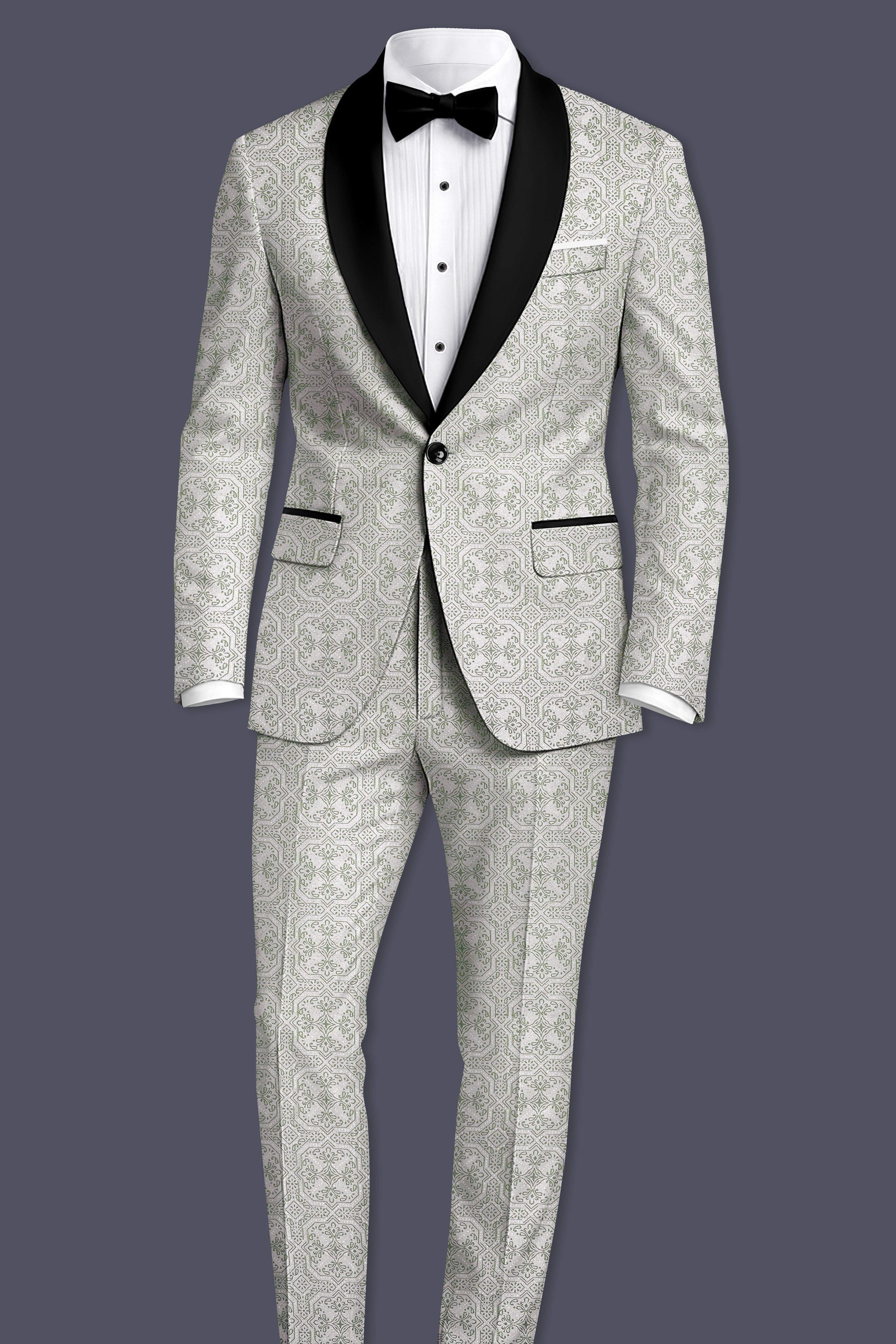 Gravino-Gainsboro Gray and Sage Green Geometric Jacquard Textured Designer Tuxedo Blazer