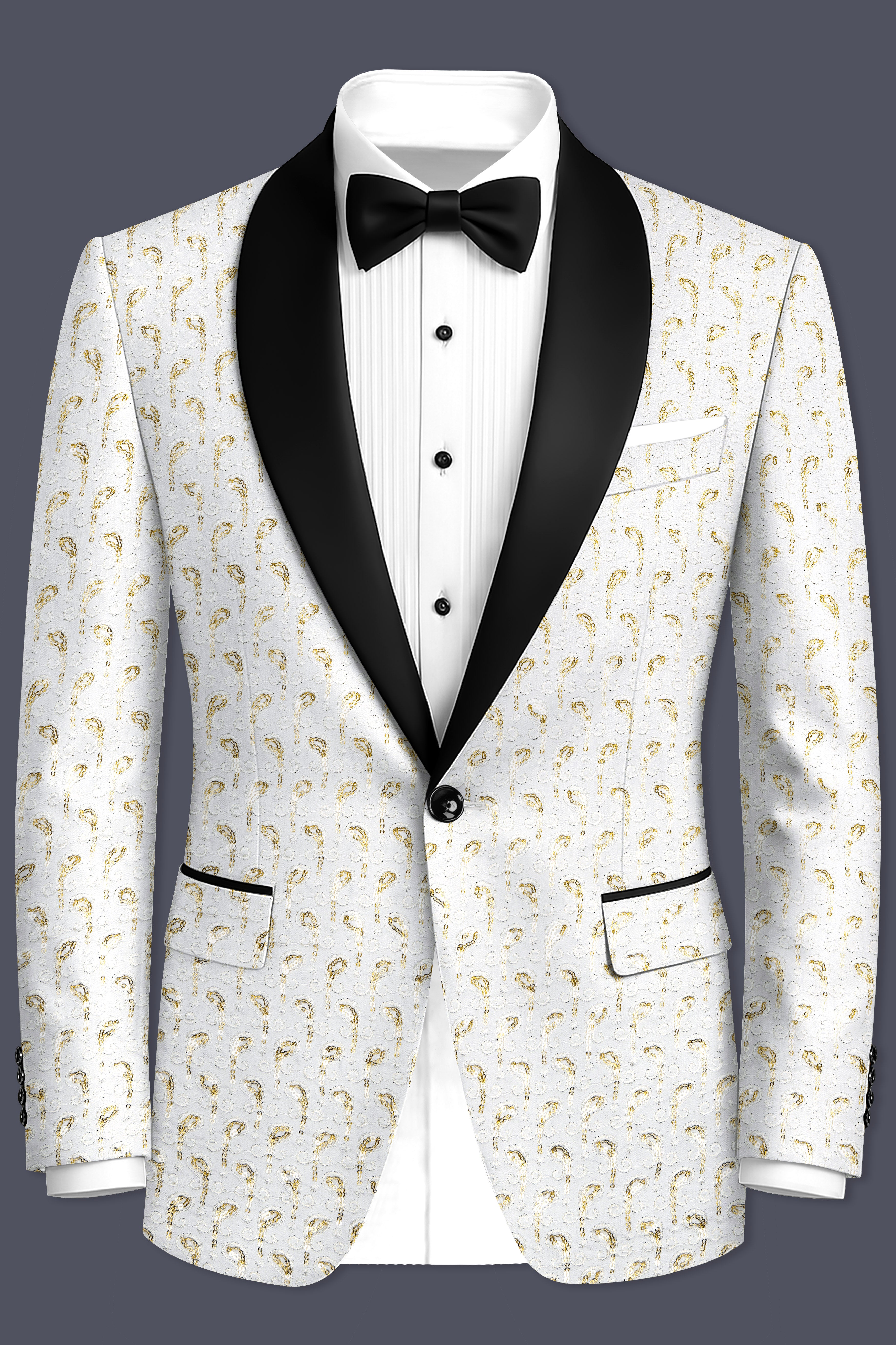 Sequenza-Bright White Leaves Pattern Sequin Embroidered Viscose Designer Tuxedo Suit