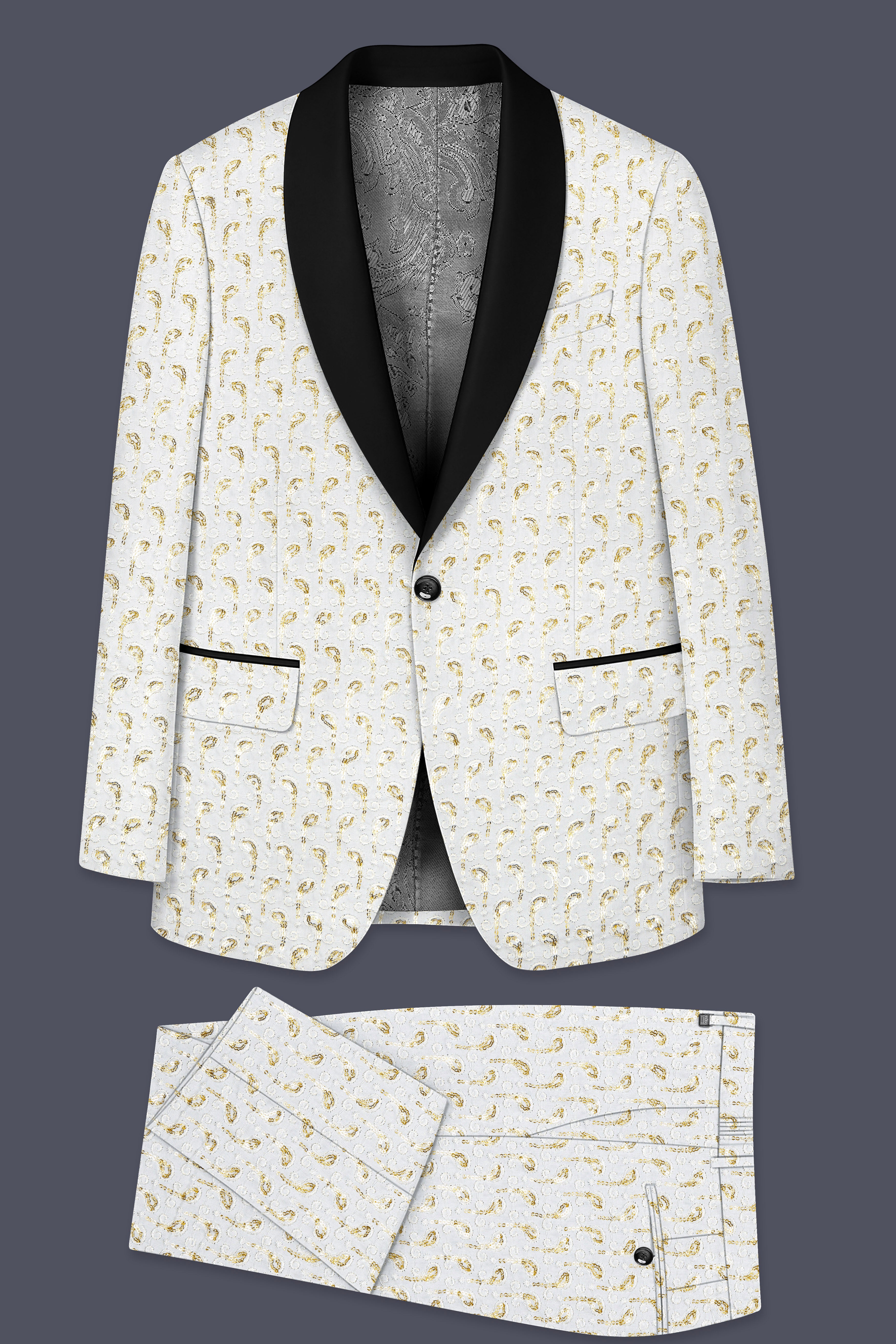 Sequenza-Bright White Leaves Pattern Sequin Embroidered Viscose Designer Tuxedo Suit