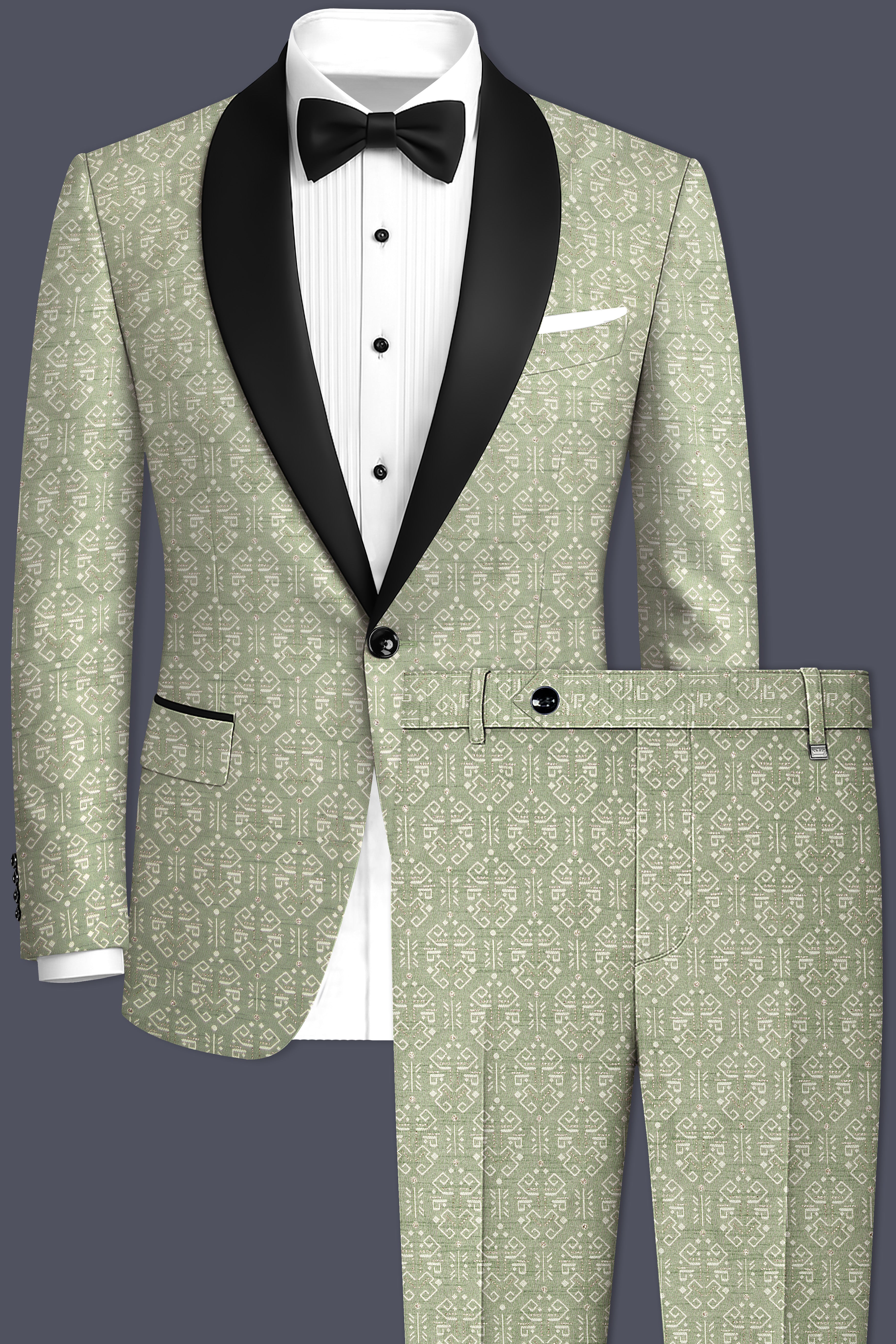 Verlino-Pumice Green and White Jacquard Textured Designer Tuxedo Suit