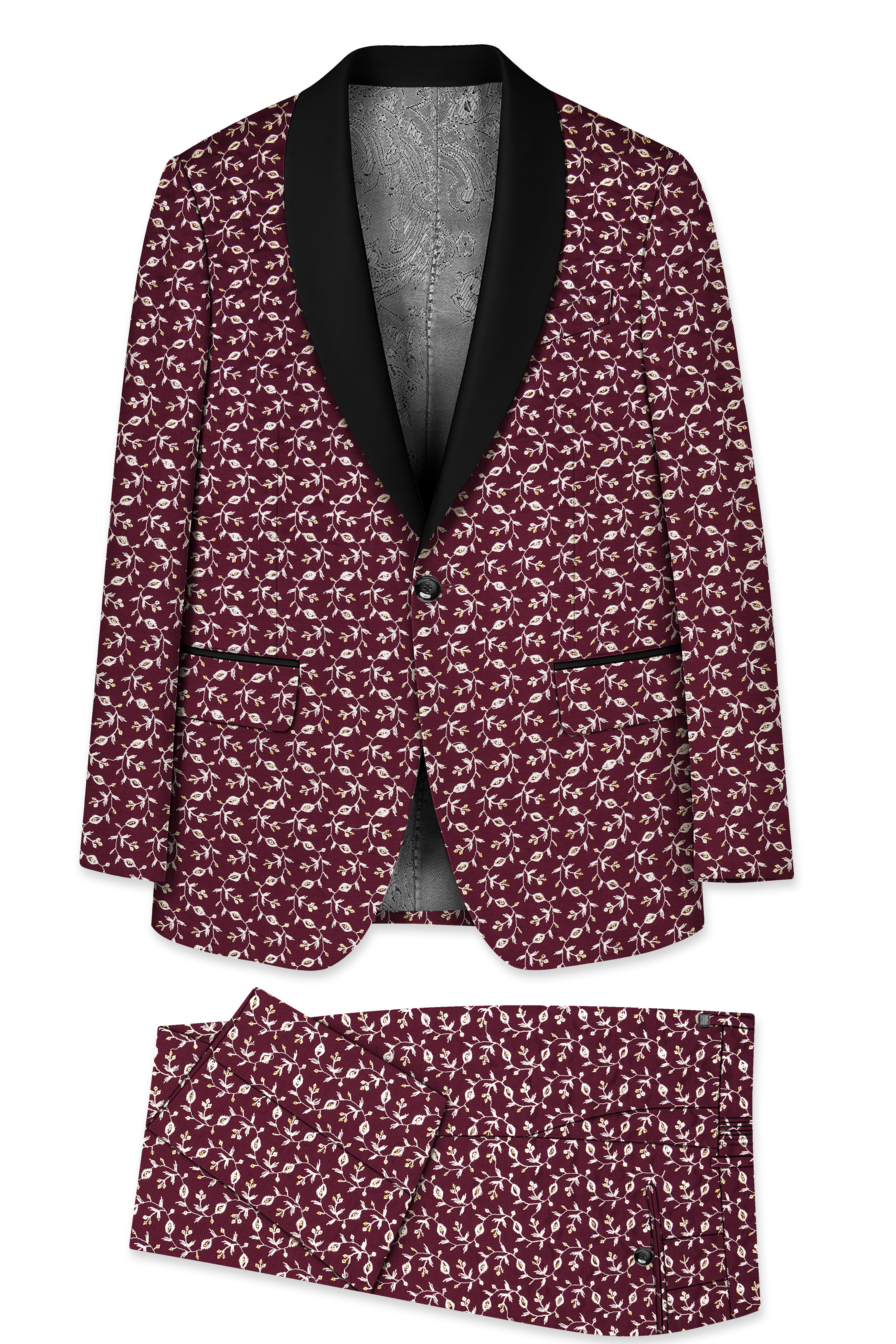 Rosencia-Mulberry Maroon Viscose Ditsy Embroidered With Tikki Work Designer Tuxedo Suit