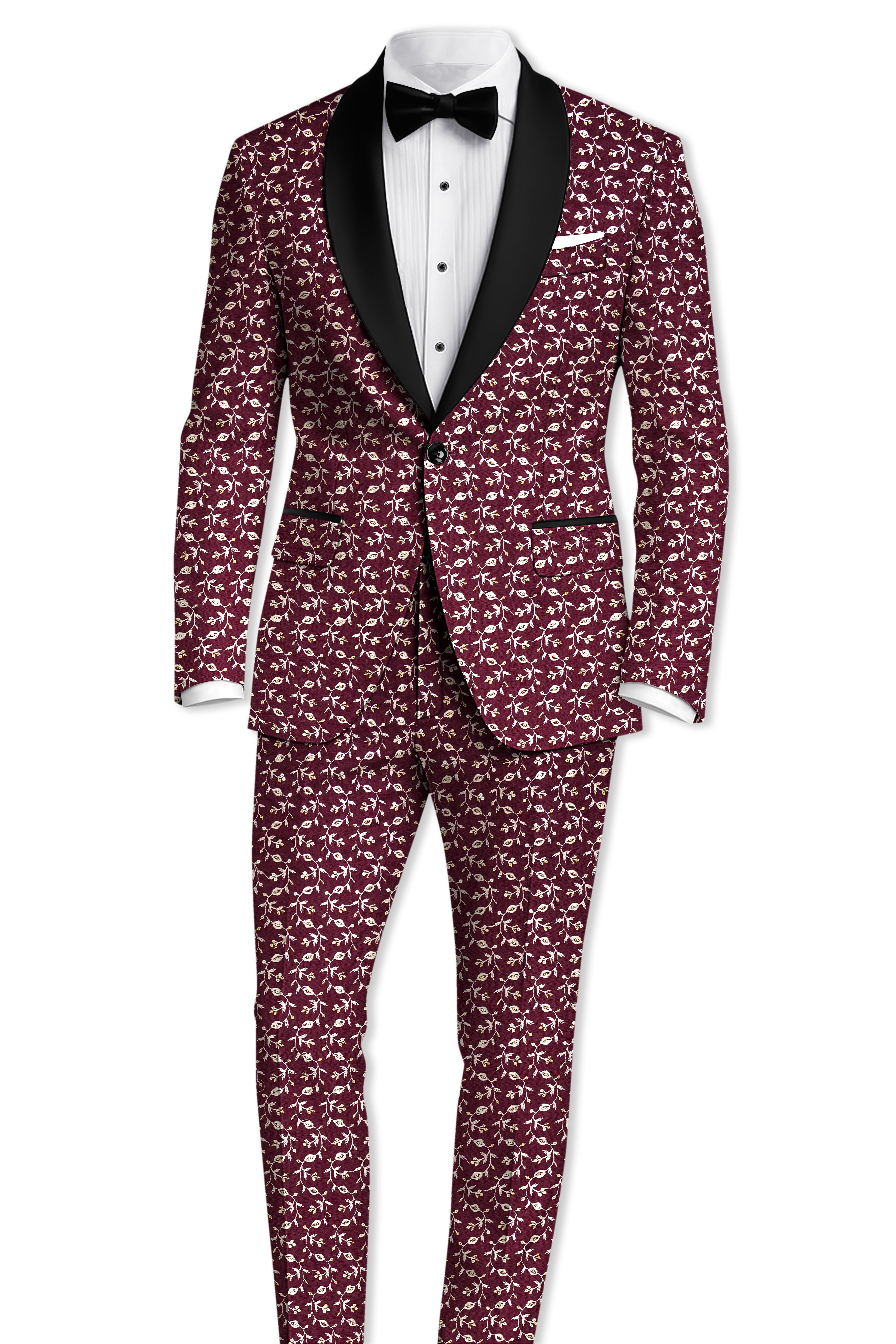 Rosencia-Mulberry Maroon Viscose Ditsy Embroidered With Tikki Work Designer Tuxedo Suit
