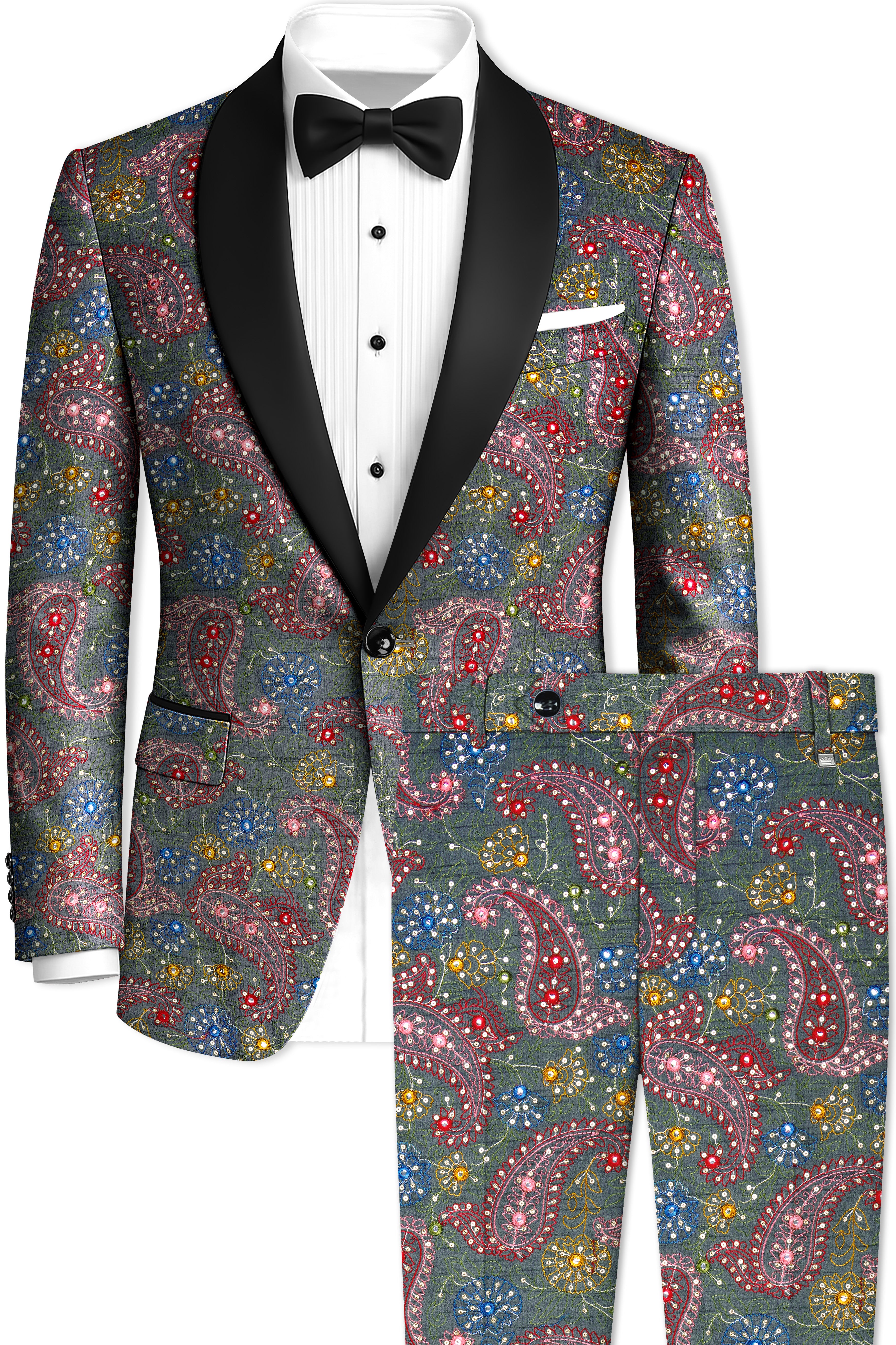 Paisora-Nickel Gray and Brink Pink Paisley Cotton Thread Embroidered Designer Tuxedo Suit
