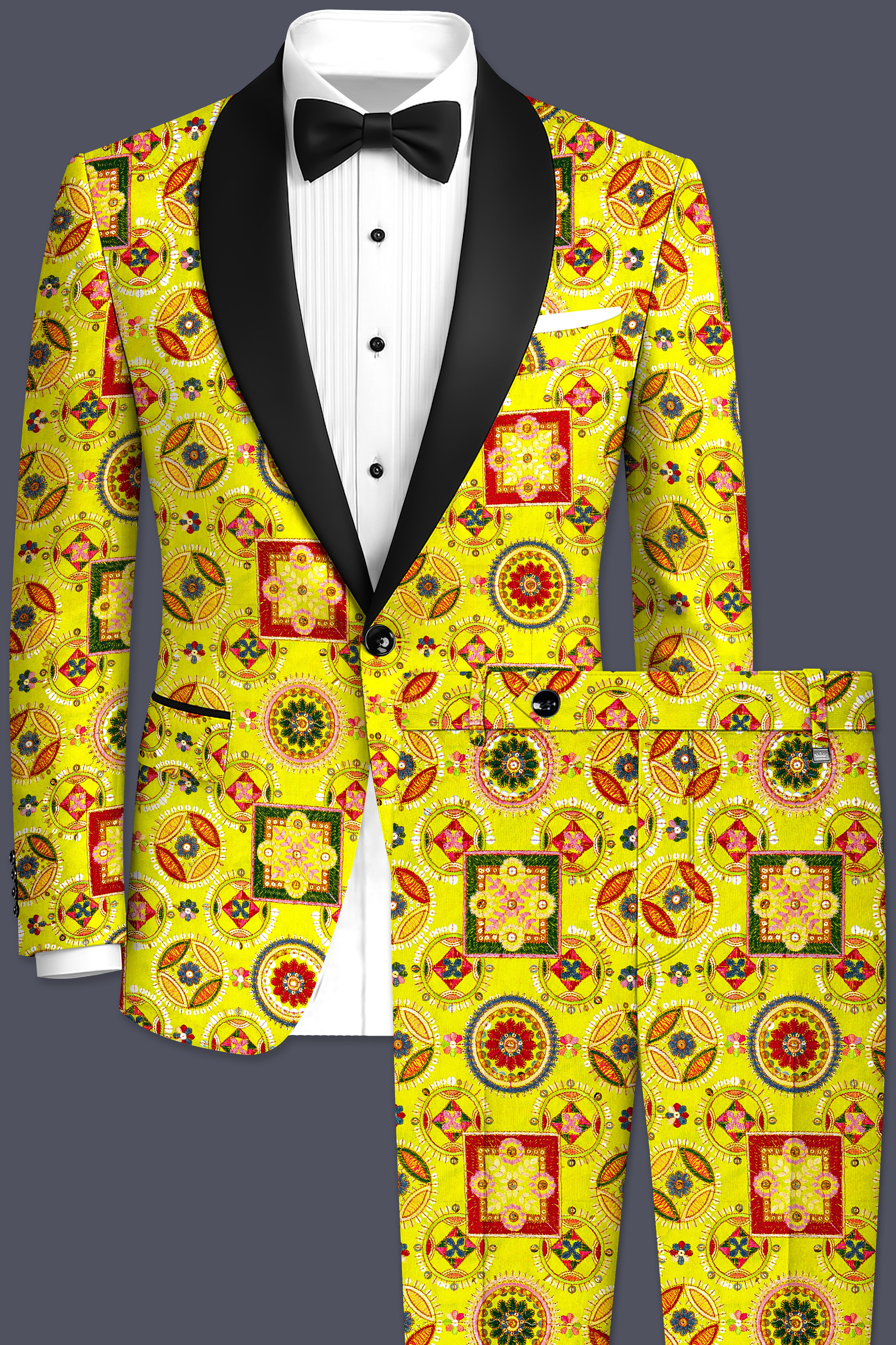 Coutflora-Custard Yellow Multicolour Cotton Thread Embroidered Designer Tuxedo Suit