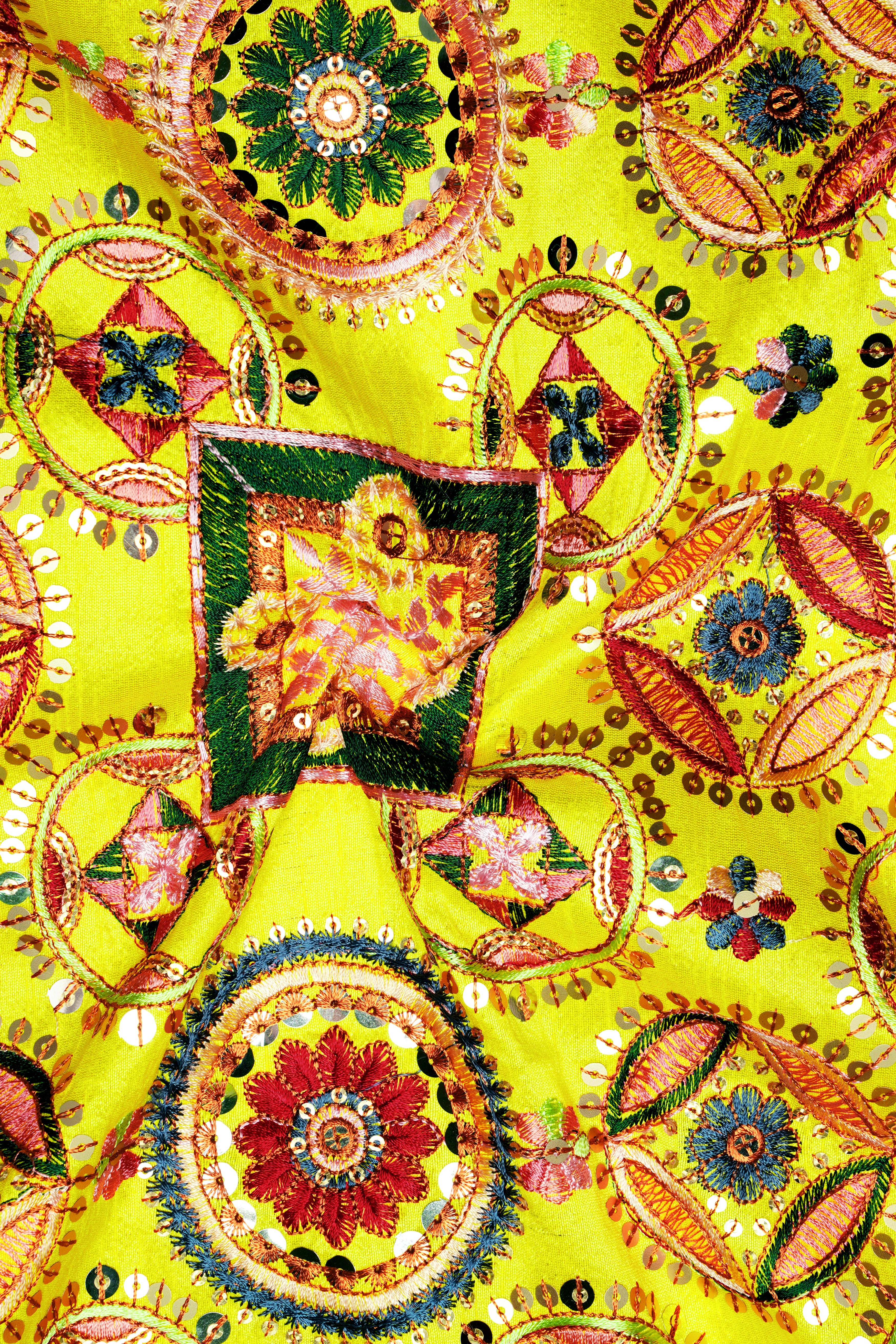 Coutflora-Custard Yellow Multicolour Cotton Thread Embroidered Designer Tuxedo Suit