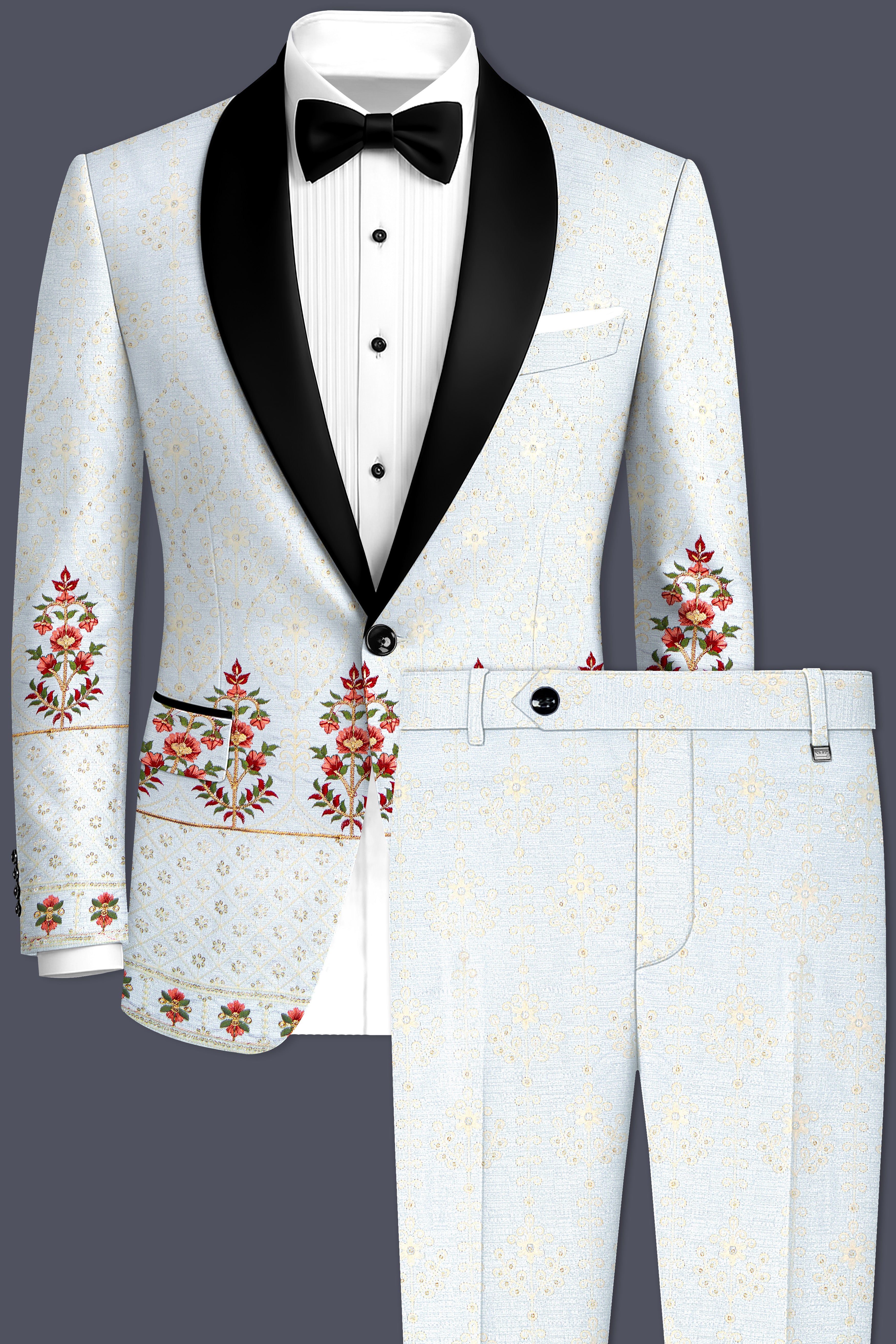 Rosavon-Merino Cream and Merlot Red Multicolour Thread and Sequin Embroidered Designer Suit