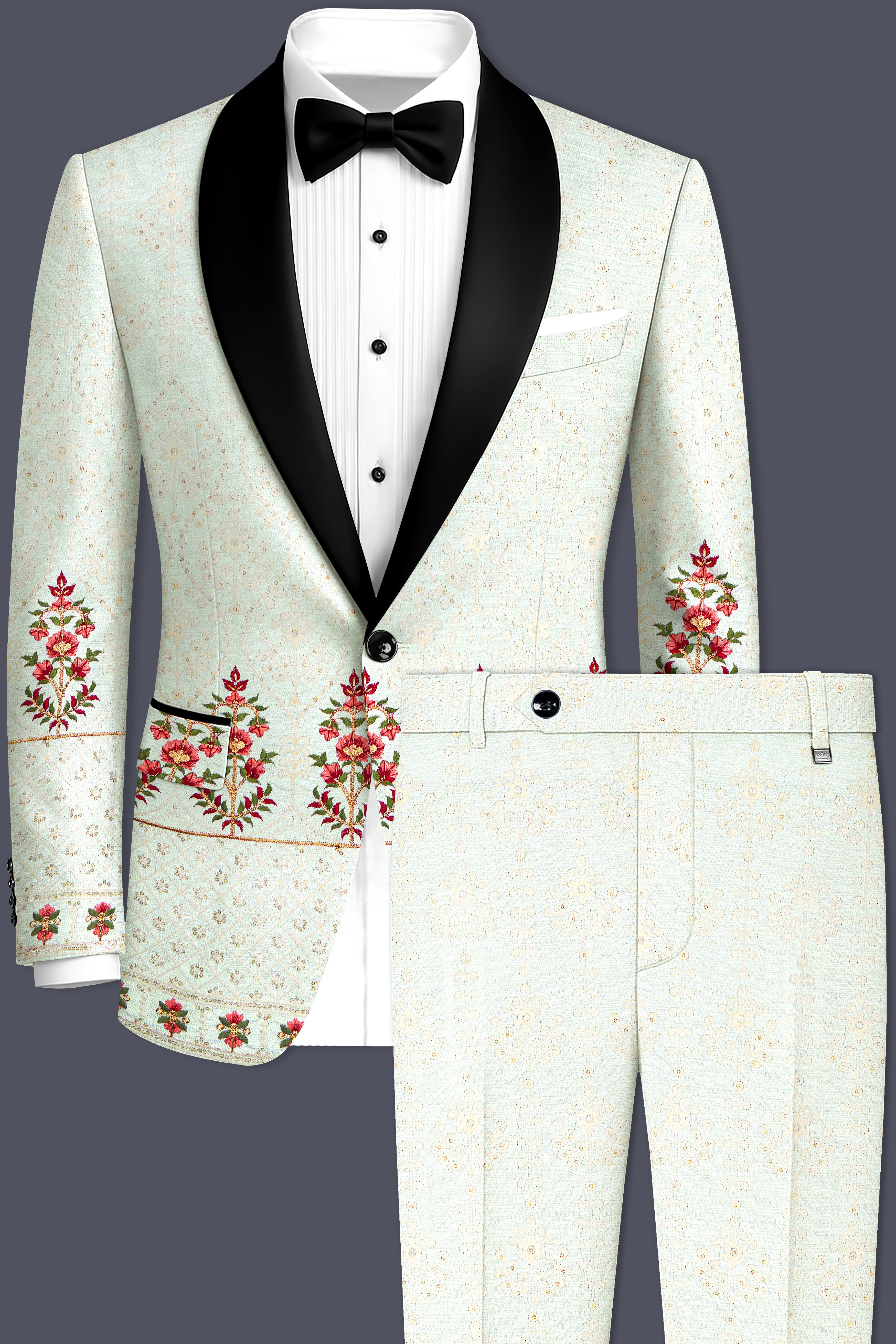 Finvera-Merino Cream with Finch Green Thread and Sequin Embroidered Designer Suit