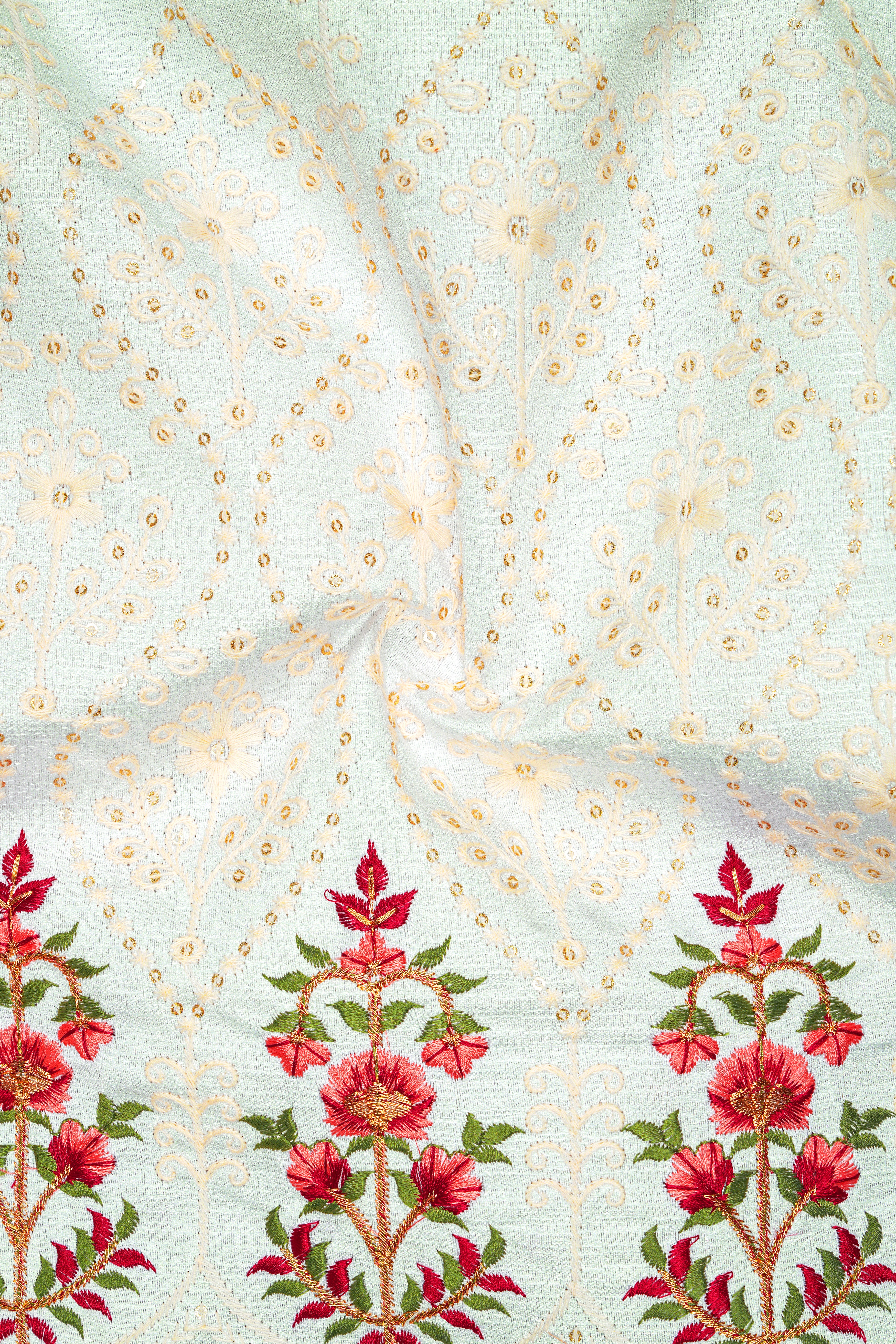 Finvera-Merino Cream with Finch Green Thread and Sequin Embroidered Designer Suit