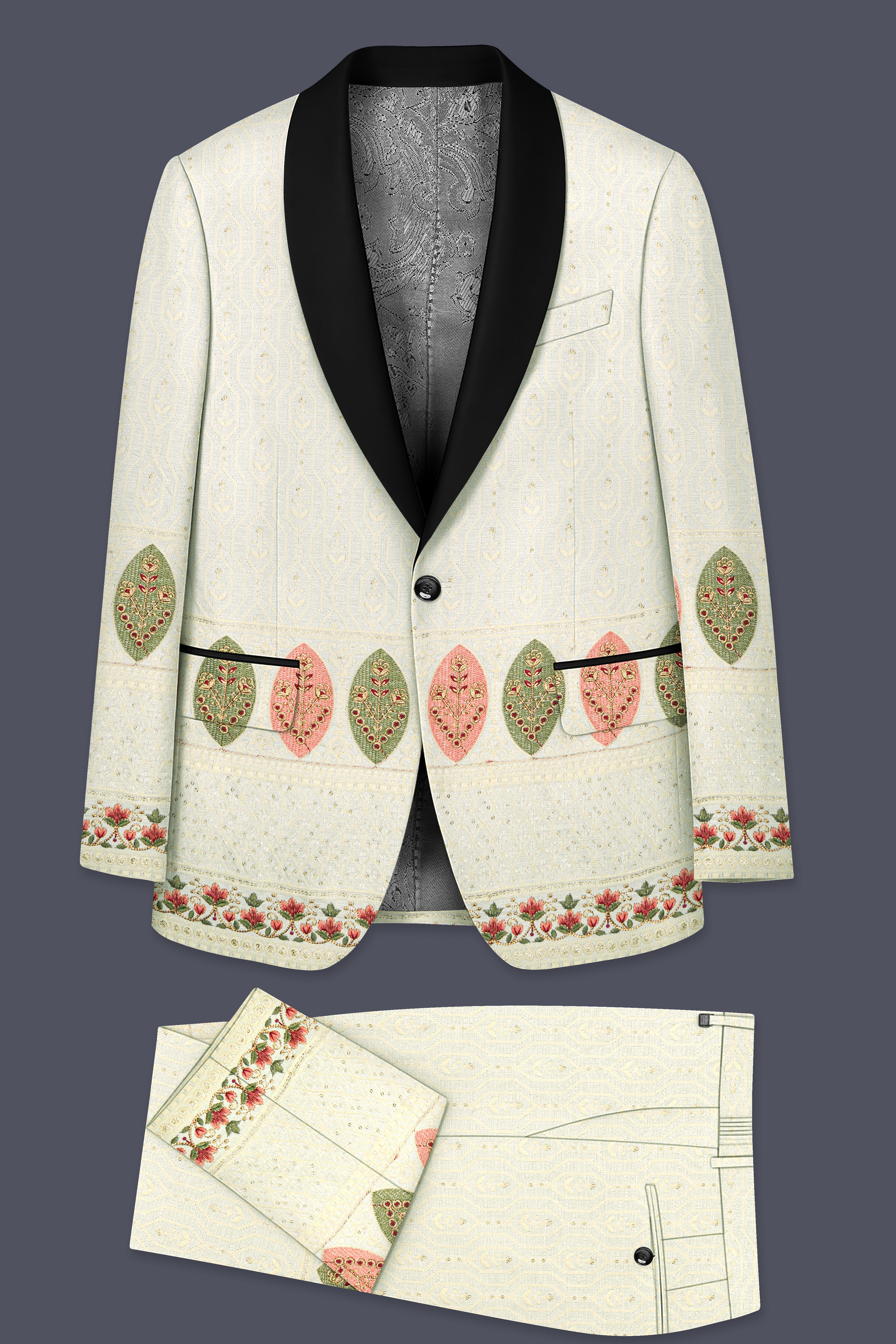 Lustrara-Antique Cream and Peachy Peach Thread and Sequin Embroidered Designer Suit