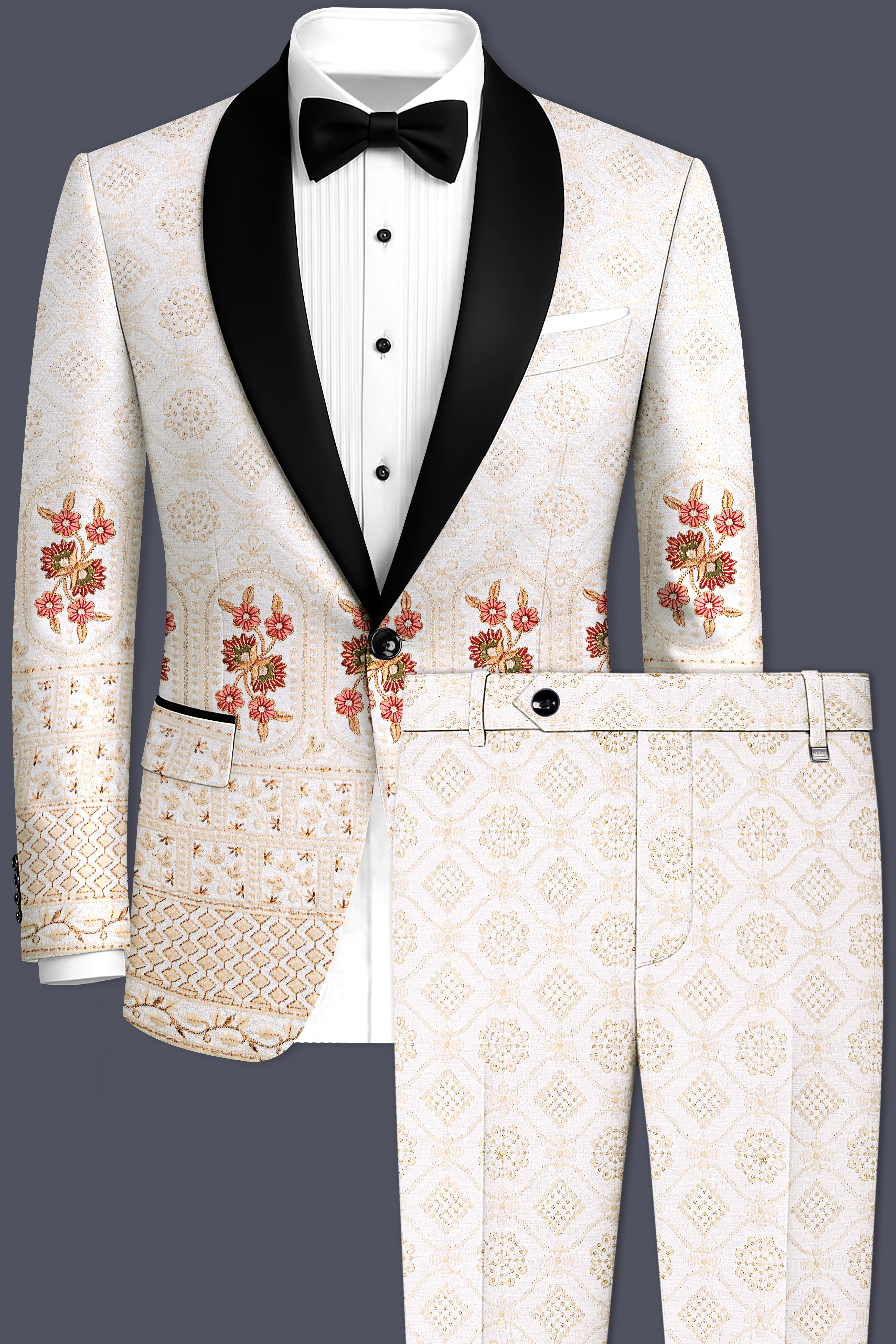 Aurevia-Spanish Cream and Flamingo Peach Thread and Sequin Embroidered Designer Suit
